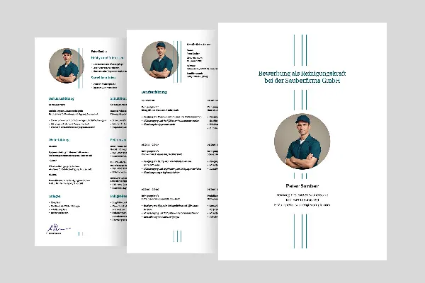 Cleaning staff job application template in blue-green.