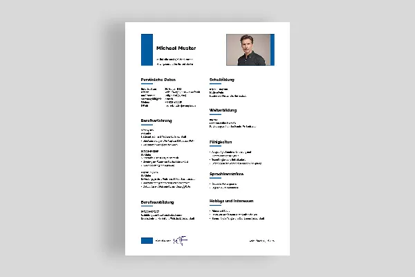 Template CV satu sisi untuk penjual dalam warna biru sinyal.