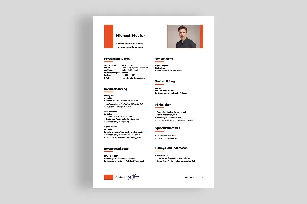 Contoh Curriculum Vitae satu sisi untuk penjual/-i dalam warna oranye.