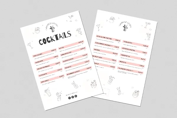 Menu drinków alkoholowych i napojów "Bubble" (jednostronnie)