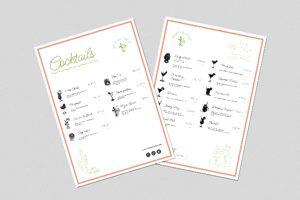 Cocktail and drinks menu "Relax" (one-sided)