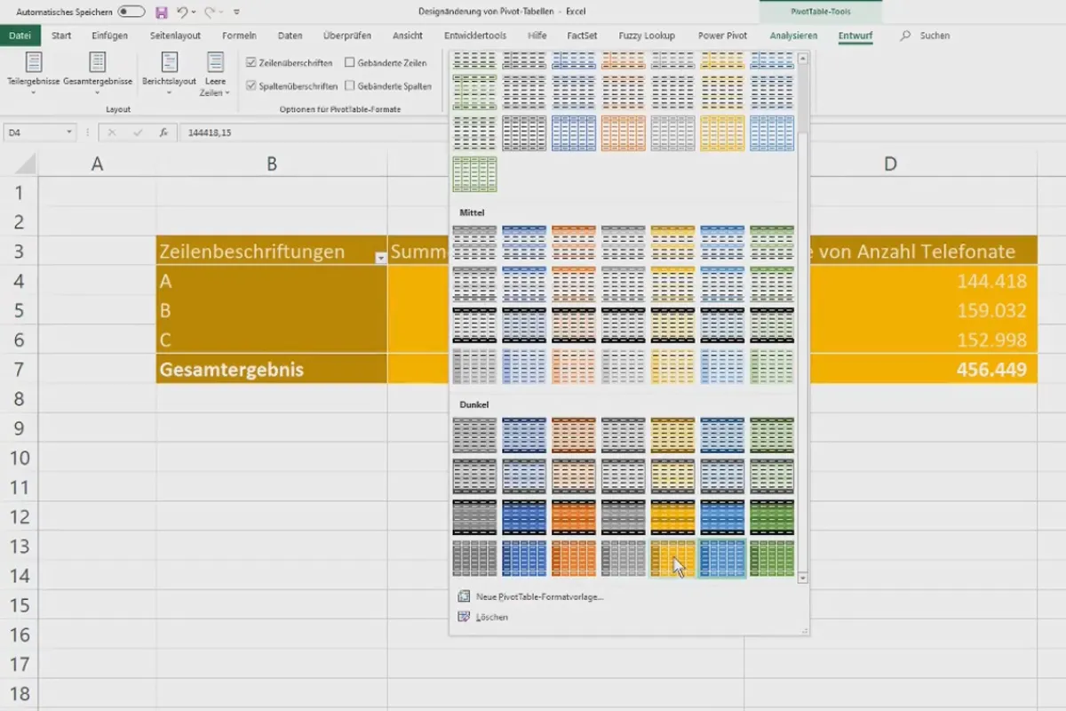 Pivot tables in Excel: 2.8 | Changing the design of pivot tables