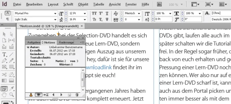 The note tool in InDesign