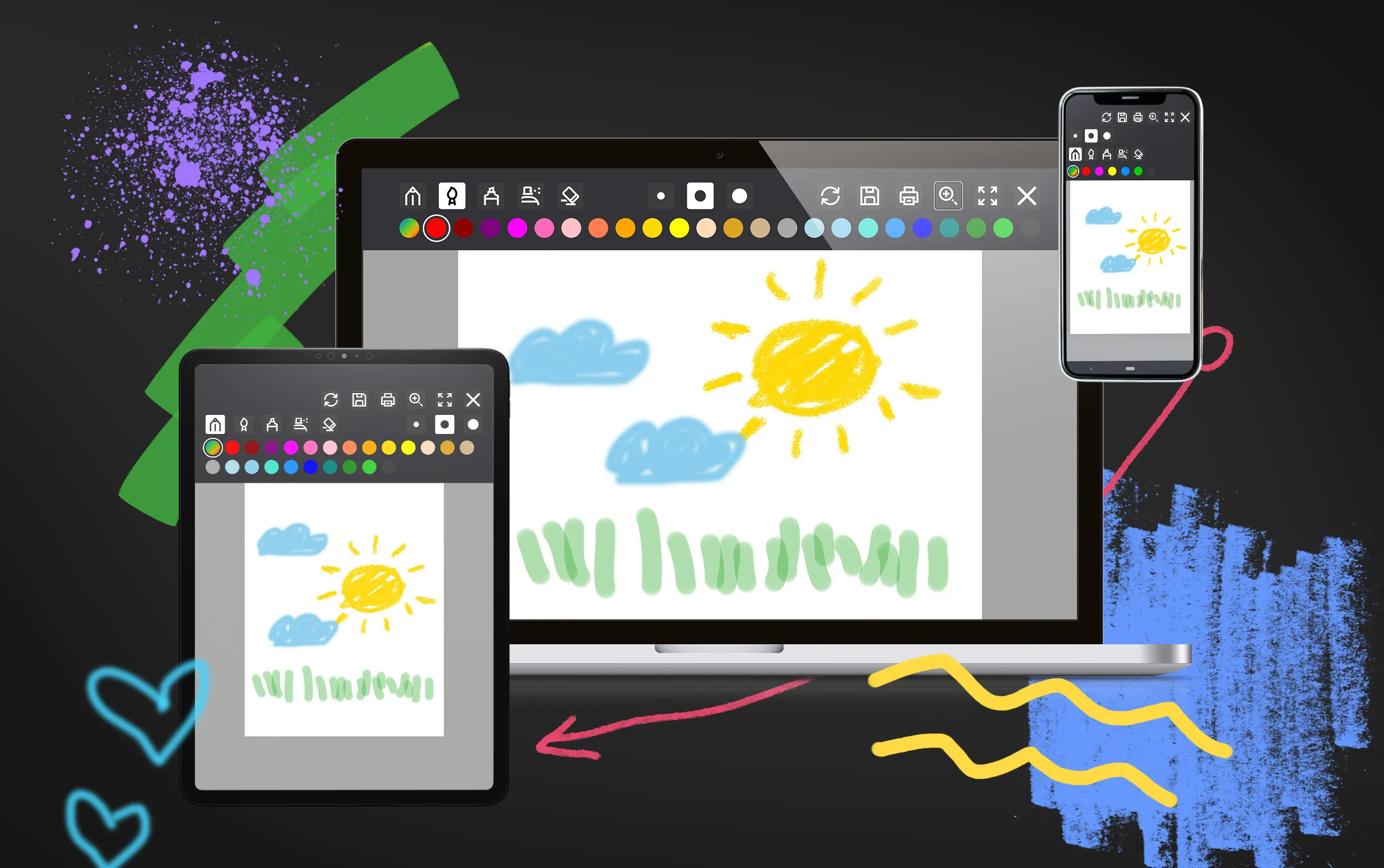 Pintar y dibujar en línea: aplicación web en computadora portátil, smartphone