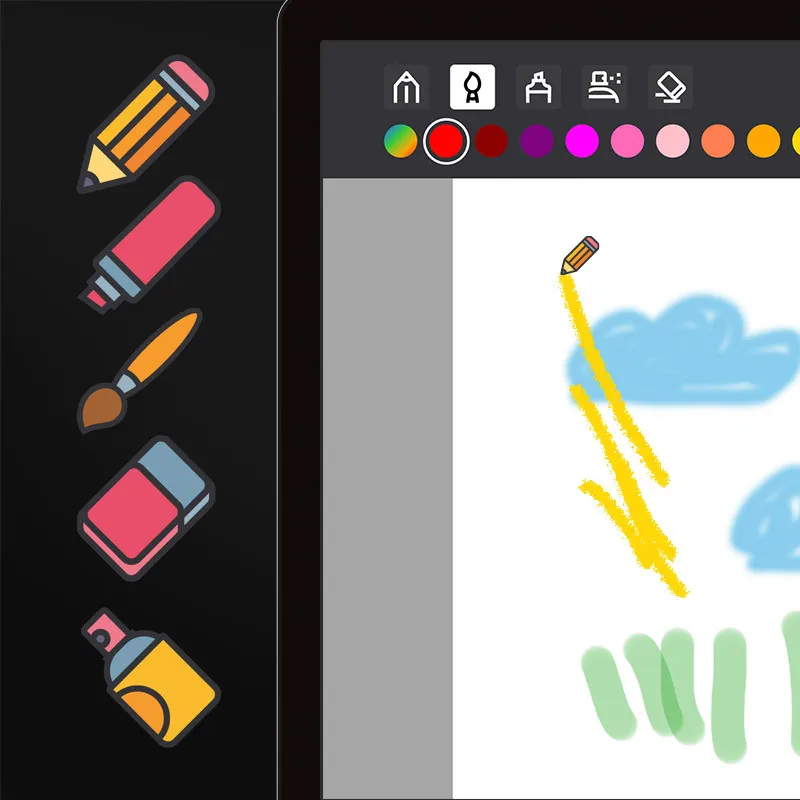 Herramientas para dibujar en línea: lápiz, pincel, marcador, spray, selector de color, paleta de colores