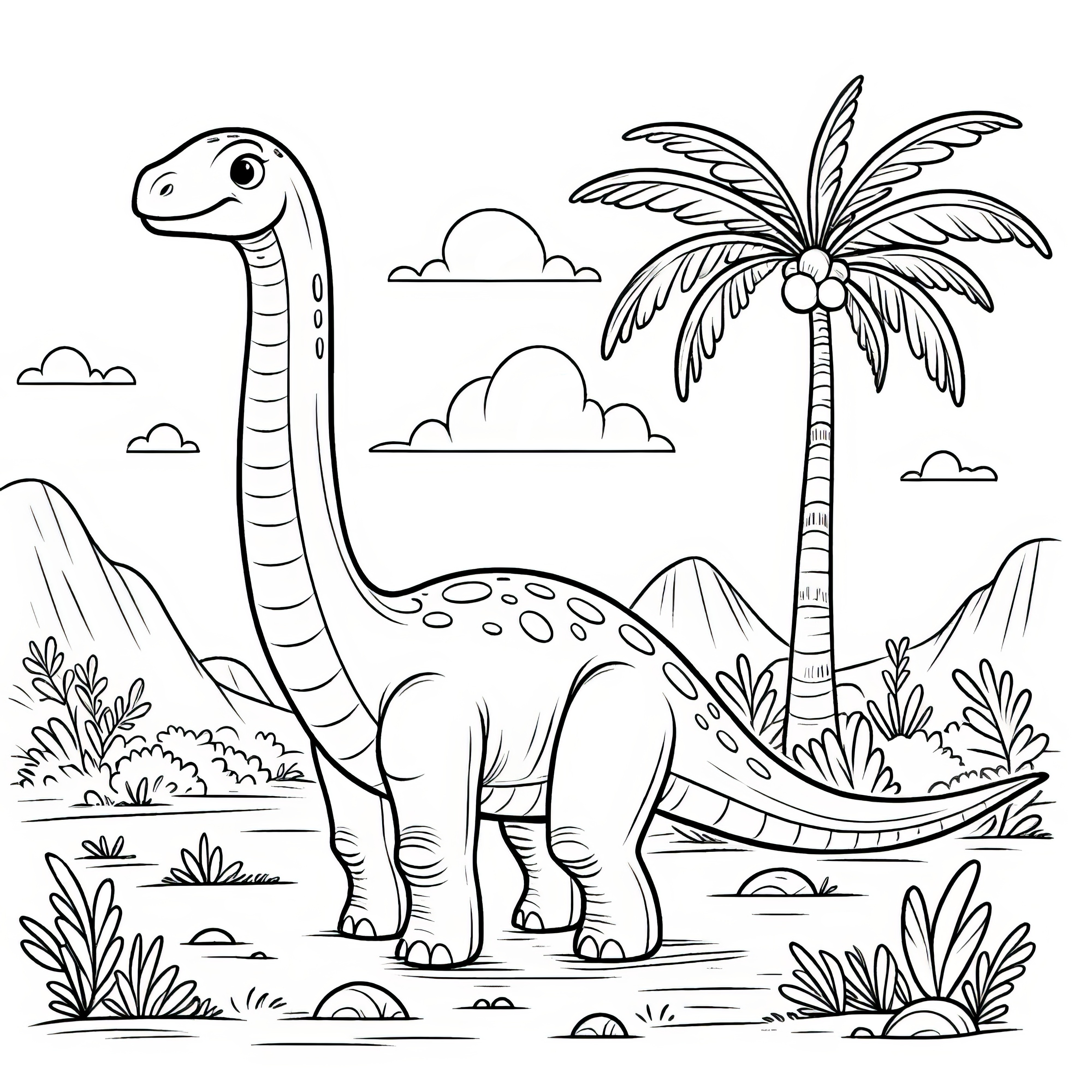 Coloriage d'un Brachiosaure dans un paysage tropical avec des palmiers et des montagnes