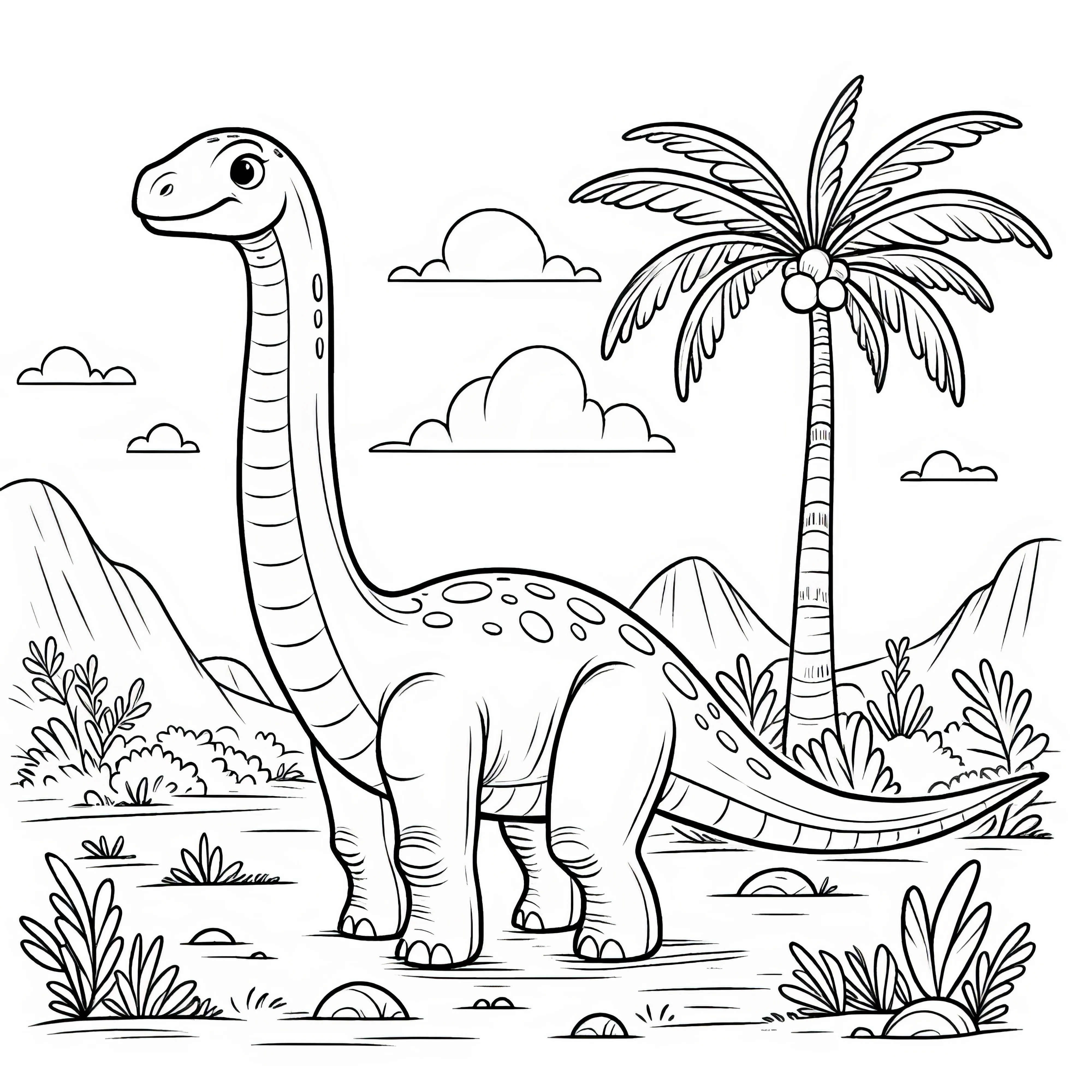 Coloring picture of a Brachiosaurus in a tropical landscape with palm trees and mountains