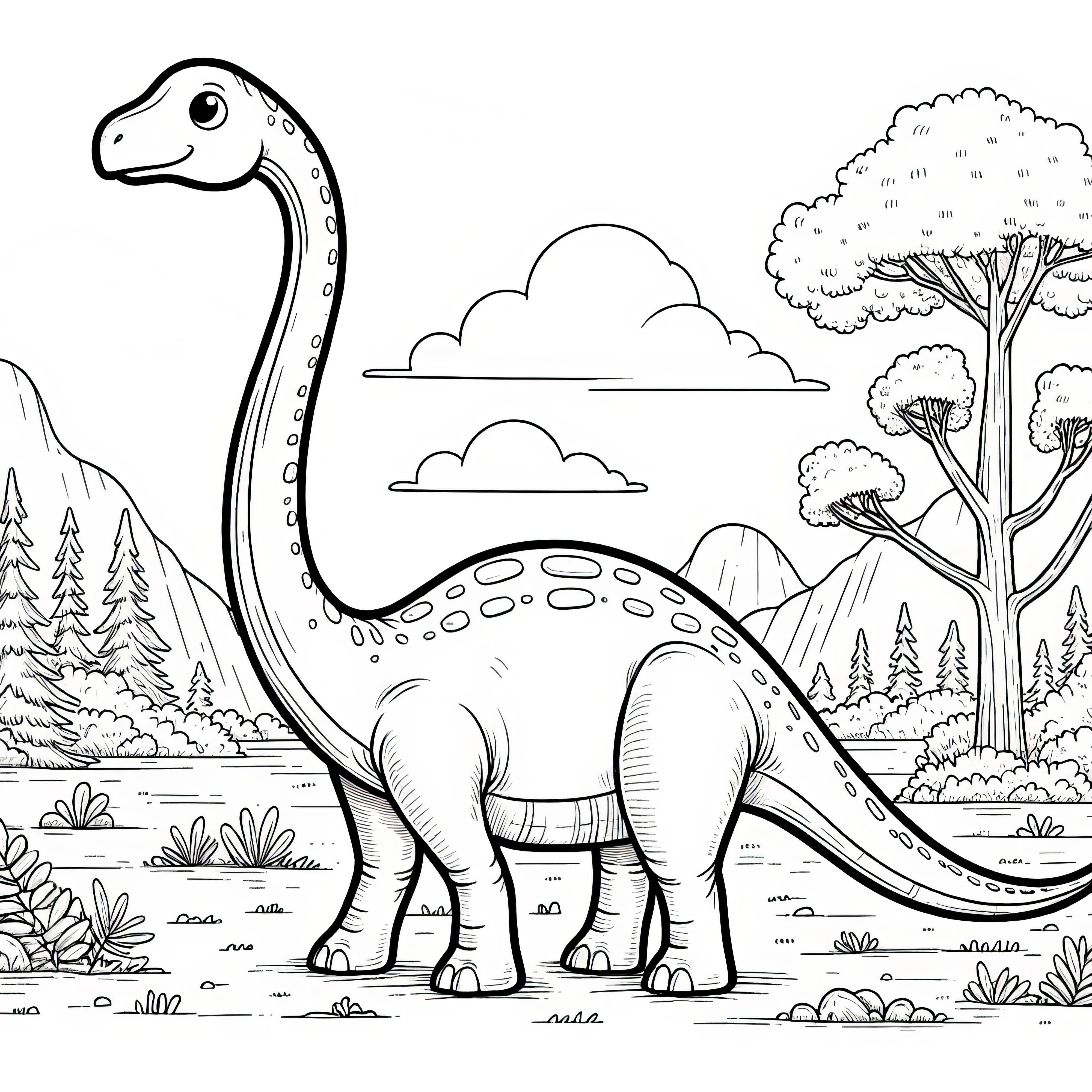 Brachiosaurus in a landscape with trees and mountains to color