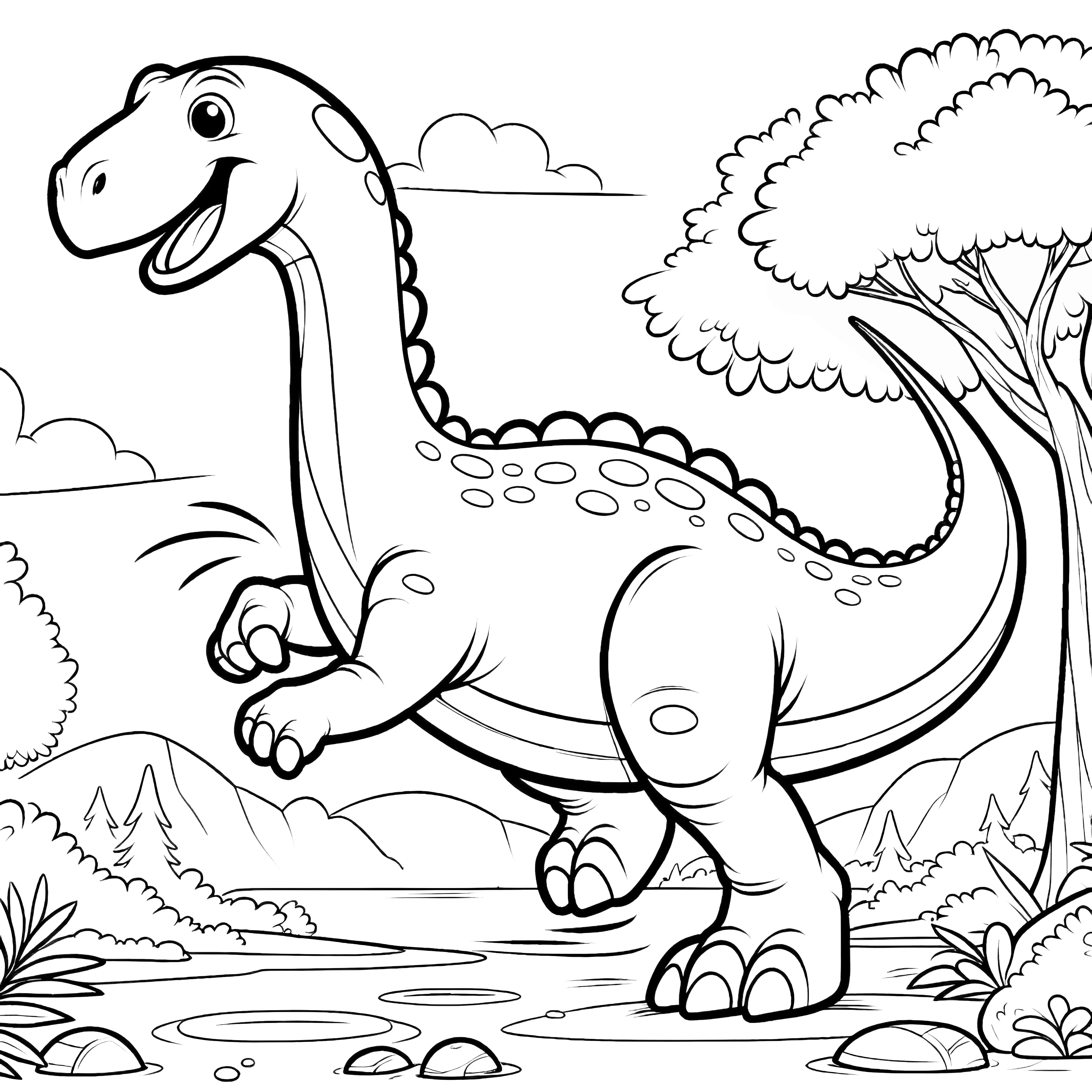 Coloring picture of a happy Brachiosaurus in a scenic environment with trees and mountains.