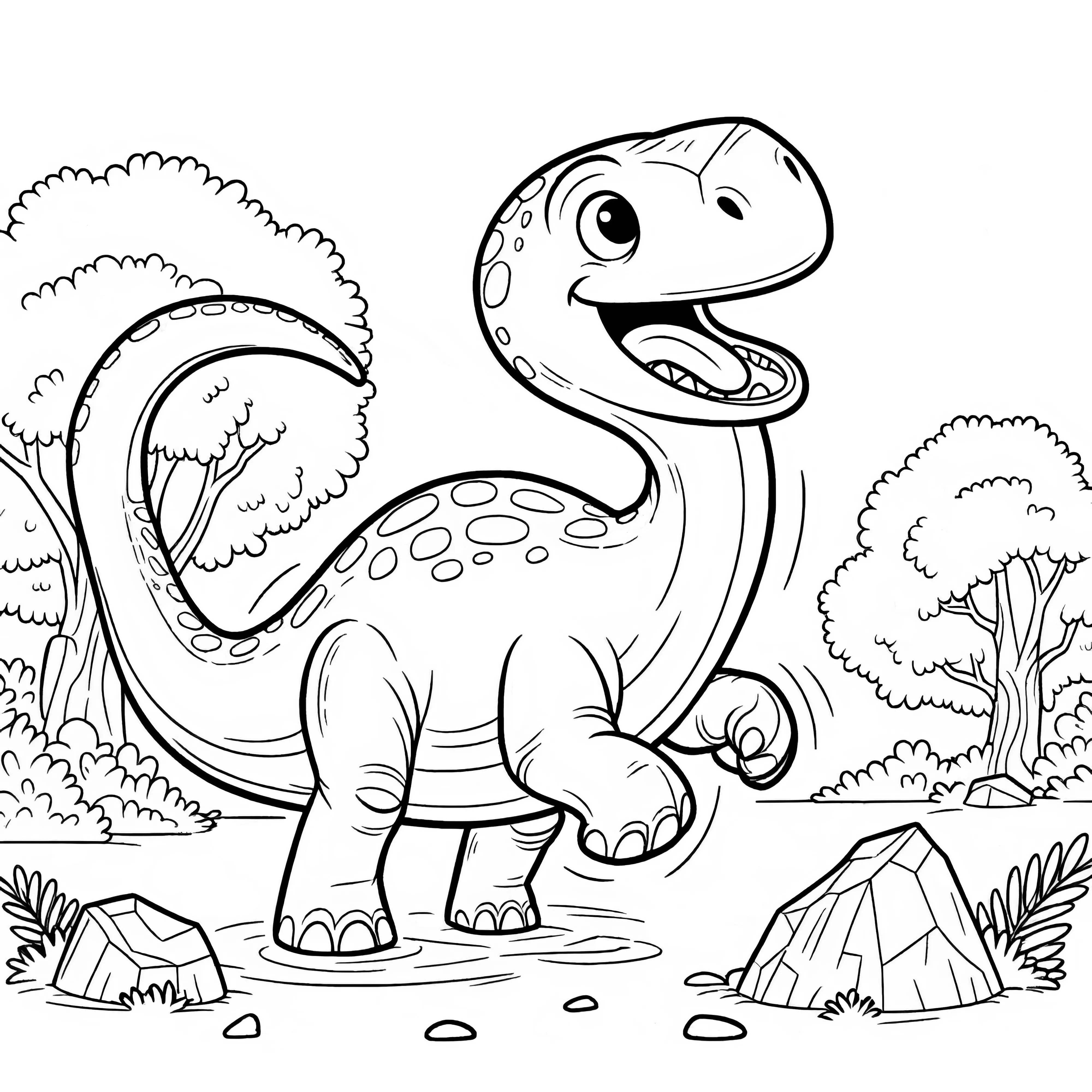 A happy Brachiosaurus in a forest for coloring.