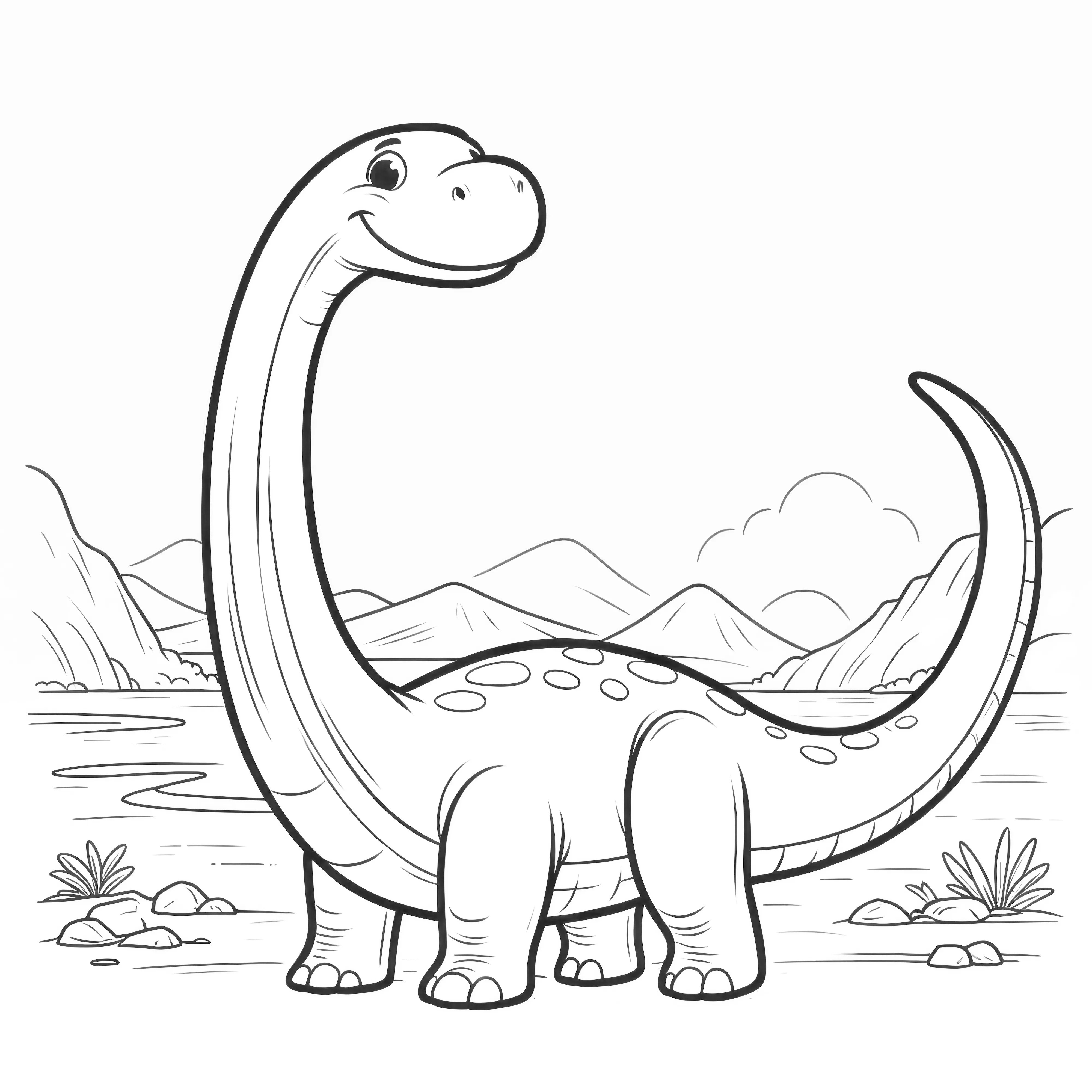 A Brachiosaurus in a prehistoric landscape, ideal for coloring.