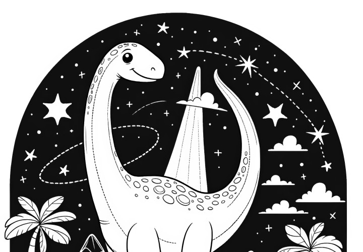 Brachiosaurus in front of starry sky & palm trees (coloring picture)