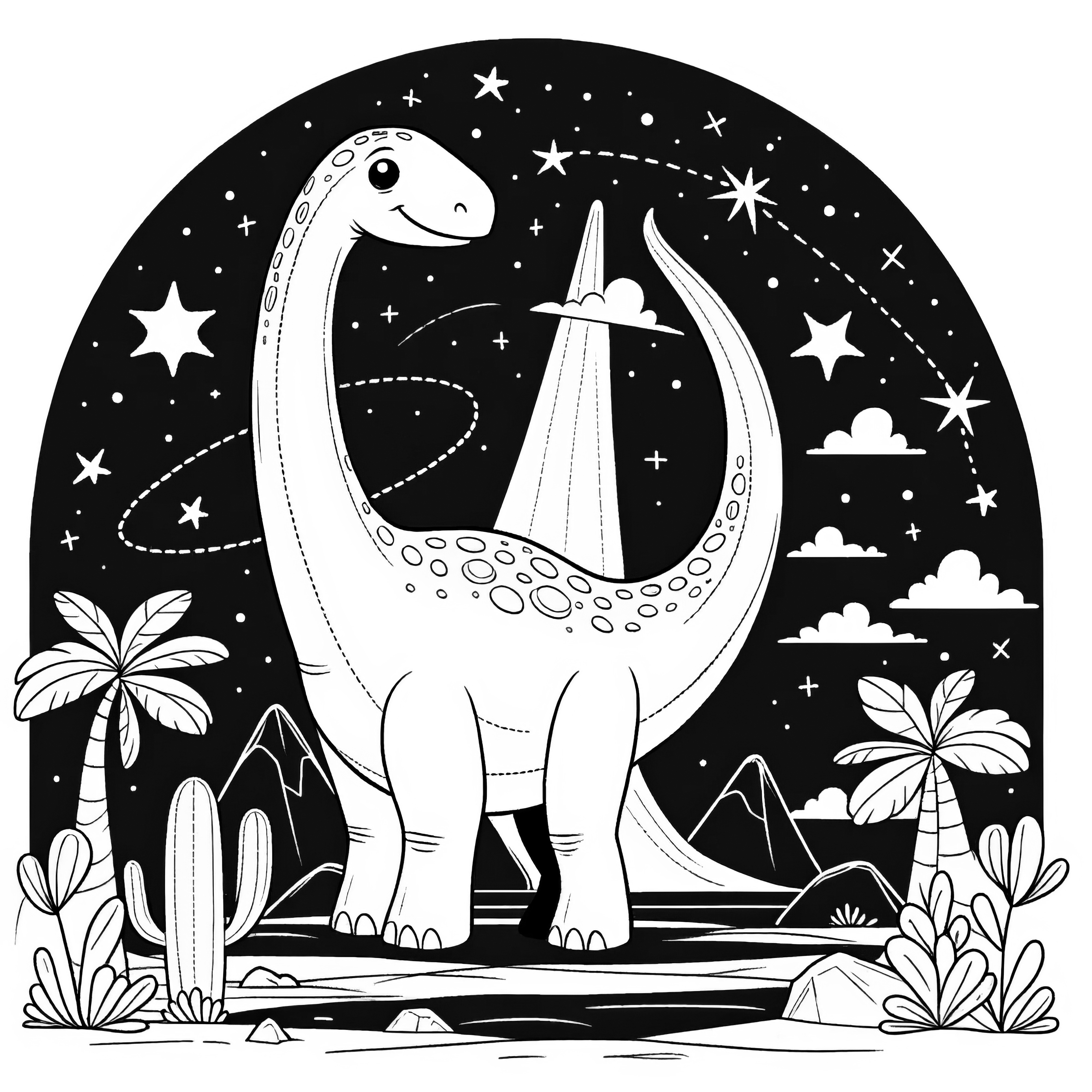 Malebillede af en brachiosaurus med stjernehimmel og palmer