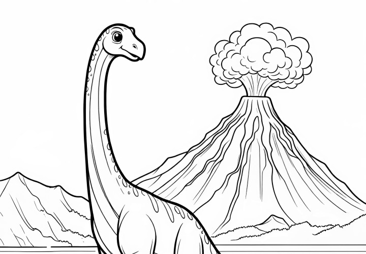 Brachiosaurus in front of a volcanic landscape (coloring page)