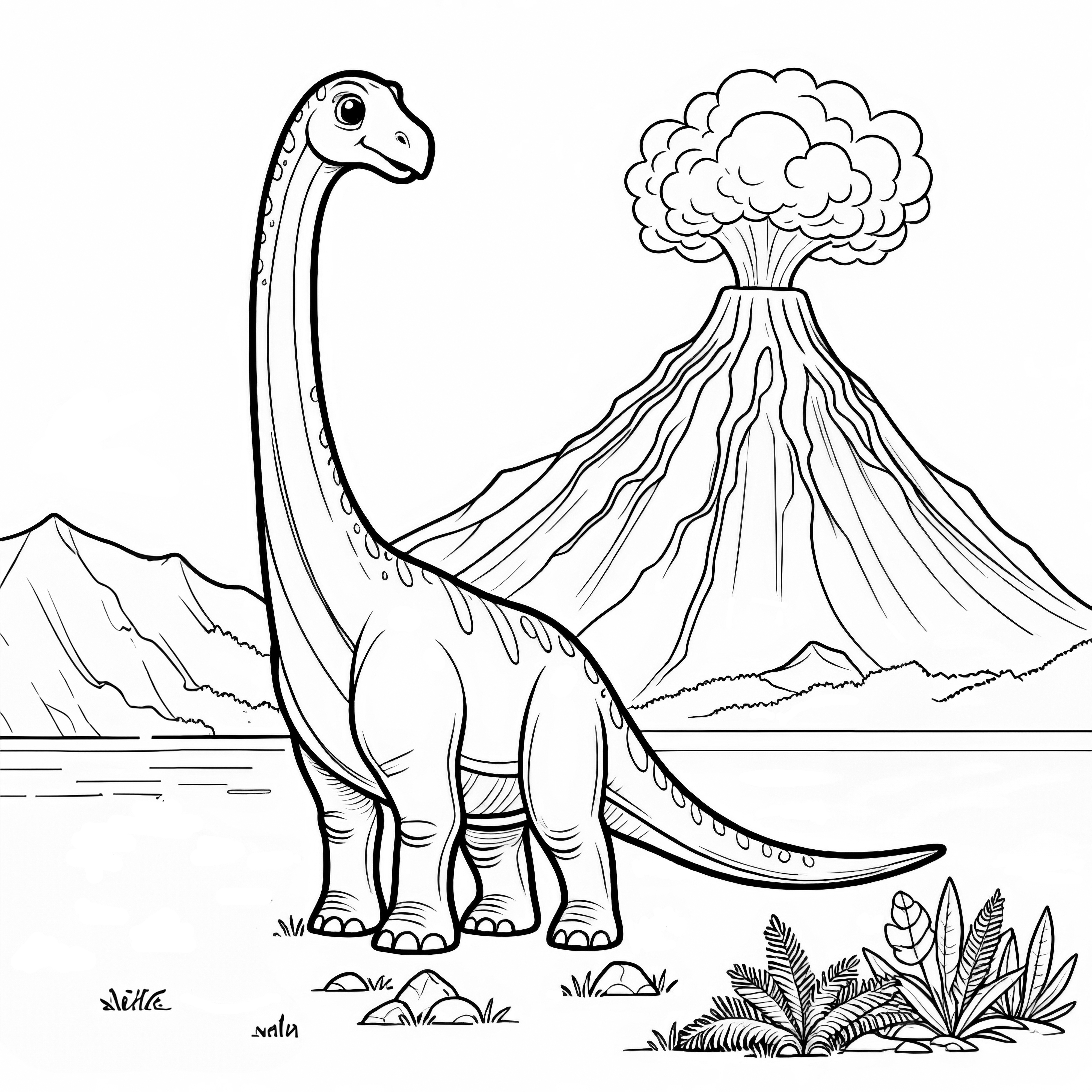 Un Brachiosaure devant un paysage volcanique, idéal pour colorier.