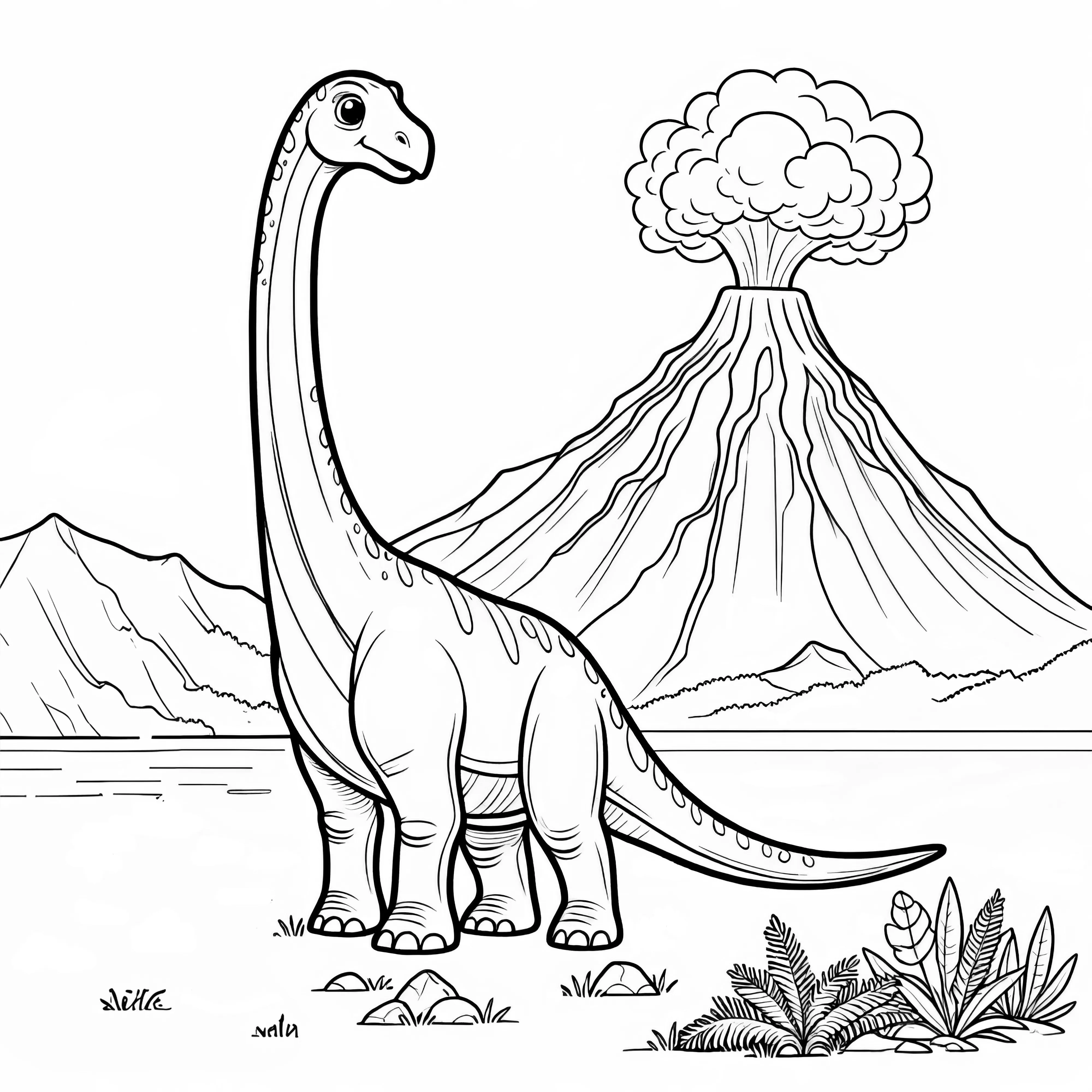 A Brachiosaurus in front of a volcanic landscape, ideal for coloring.