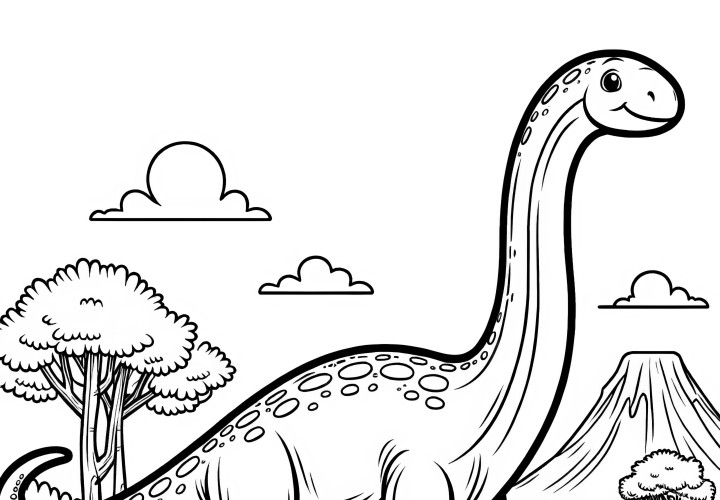 Long-necked dinosaur in landscape (coloring picture)