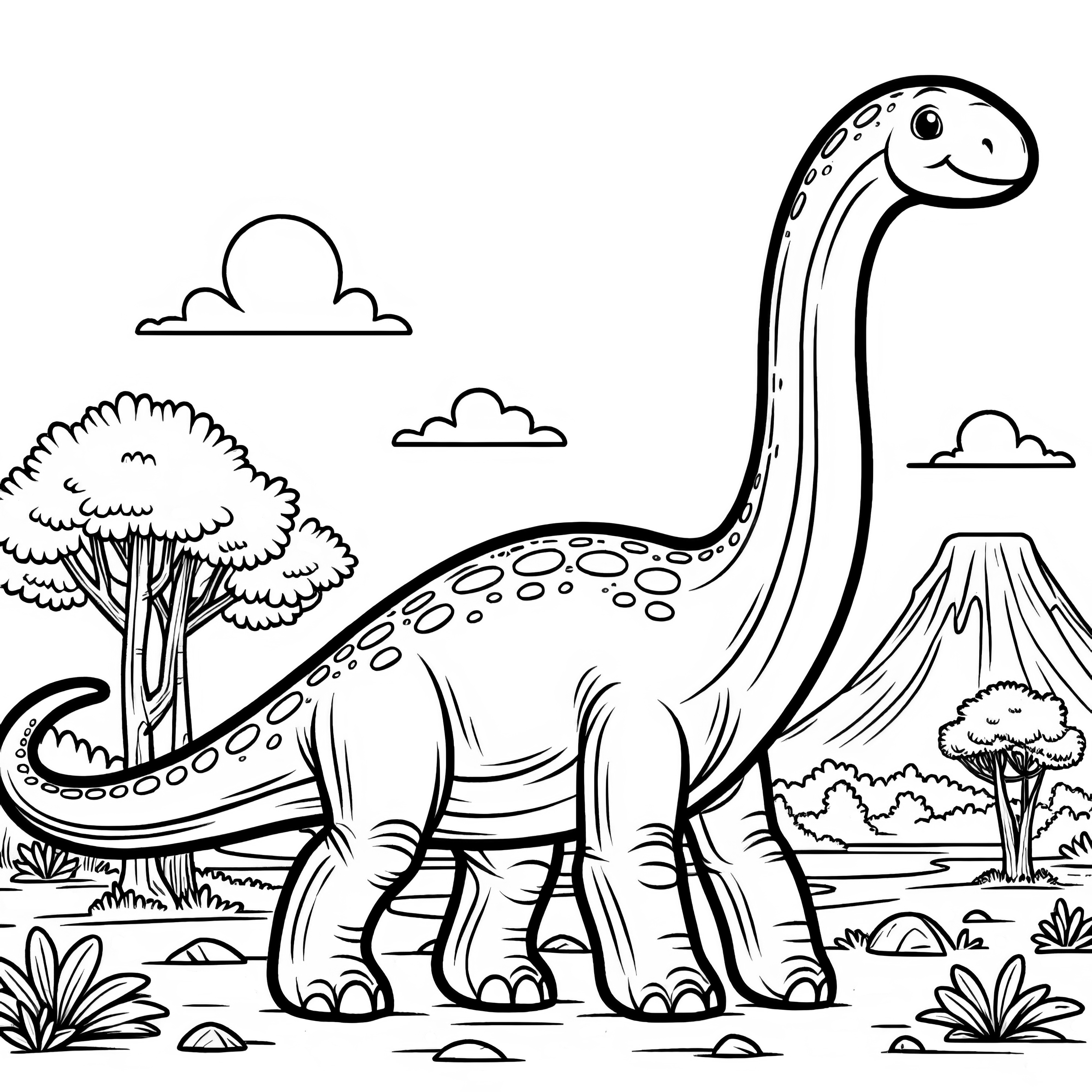 Målarbild av en Brachiosaurus med landskap och vulkan i bakgrunden