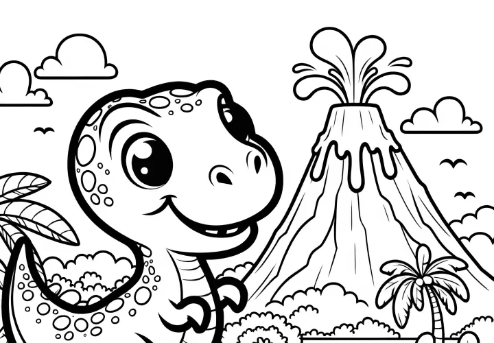 Baby T-rex & Volcano: Coloring picture for download