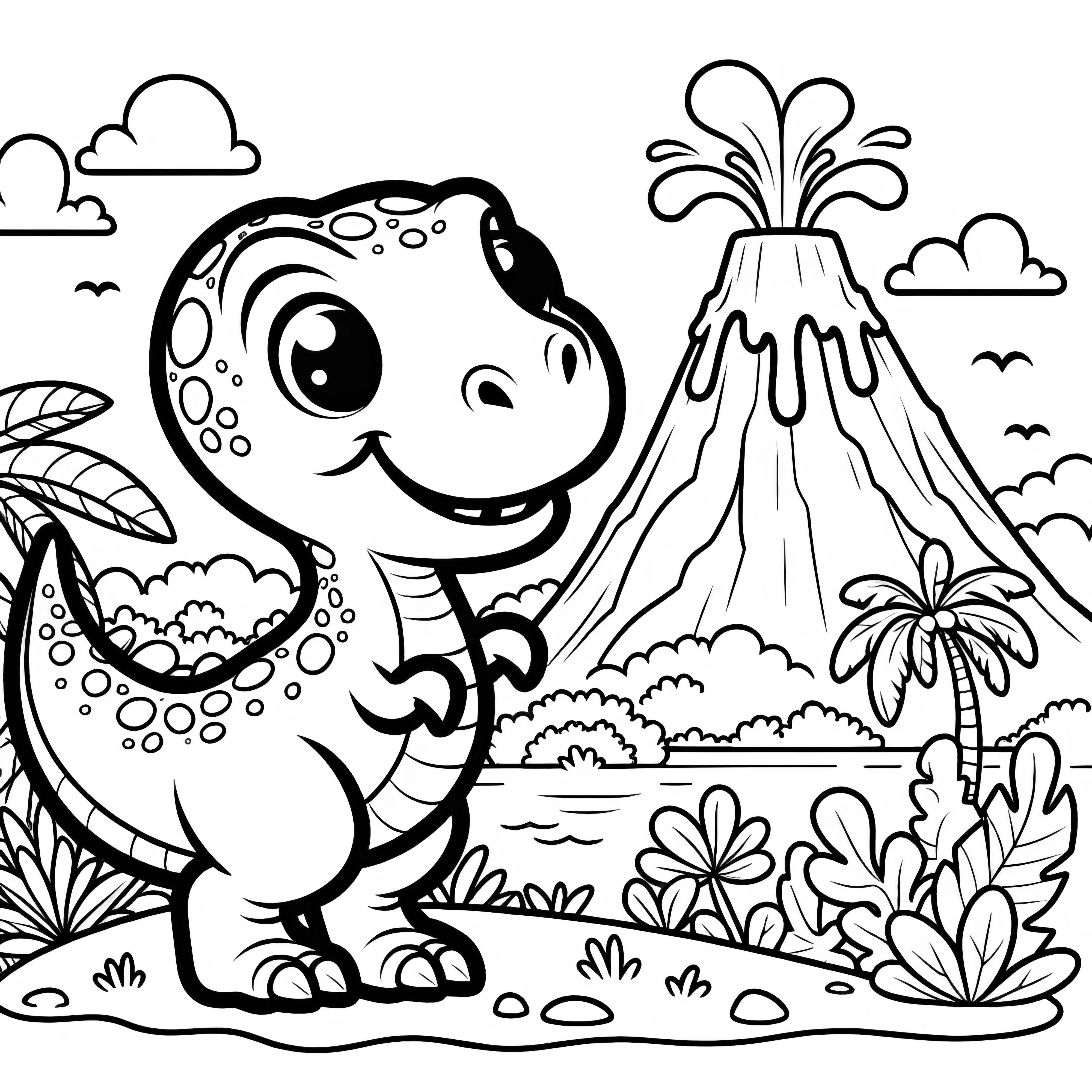 Happy Tyrannosaurus rex next to erupting volcano, surrounded by tropical plants.