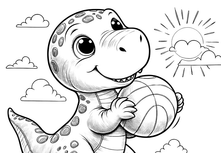 Cute dinosaur with ball in the sunshine (coloring sheet)