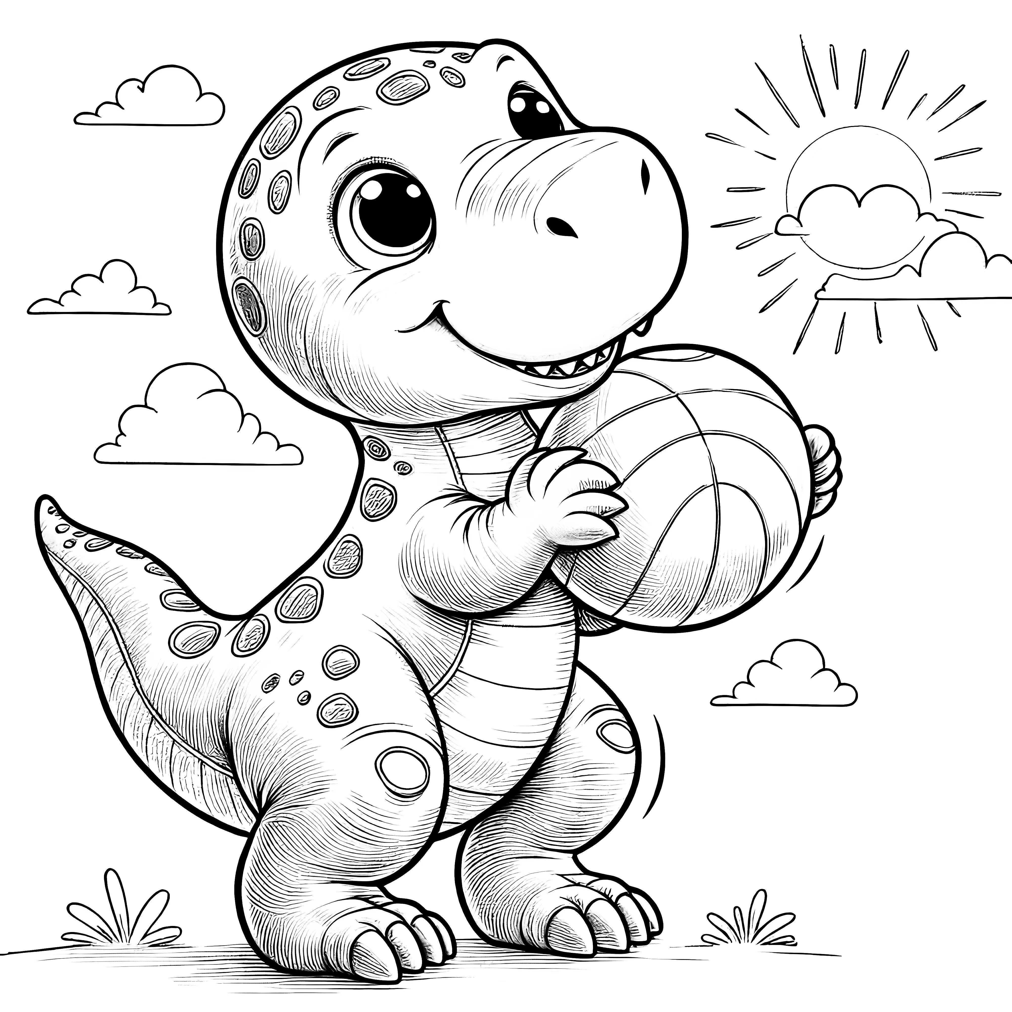 Coloring picture of a cute dinosaur with a ball under the sun