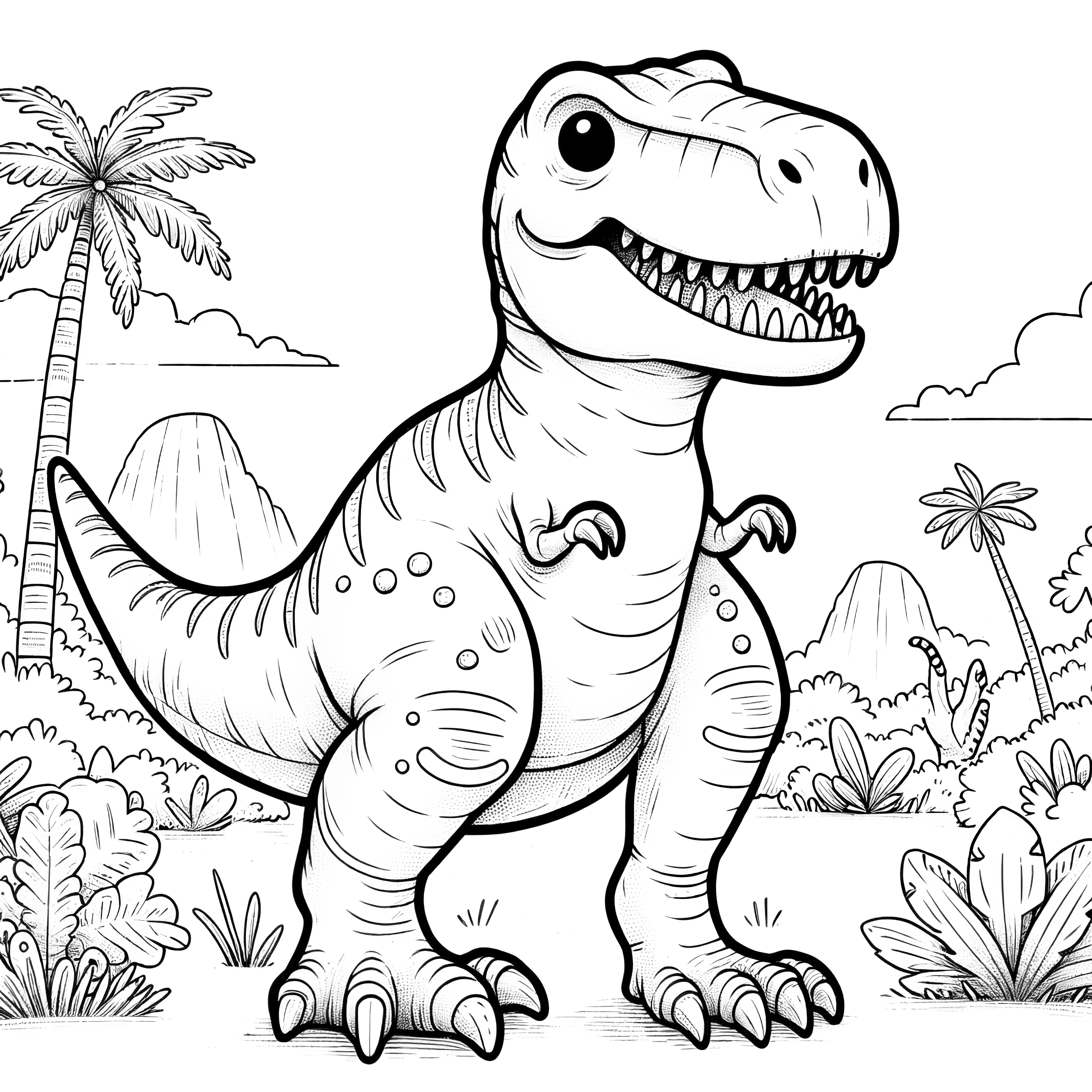 Coloring picture of a cheerful Tyrannosaurus Rex in a prehistoric jungle landscape