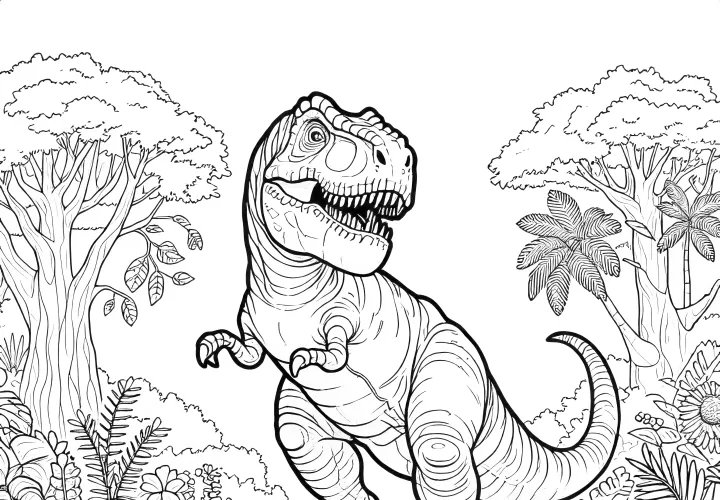 Colouring picture of a Tyrannosaurus Rex in the jungle