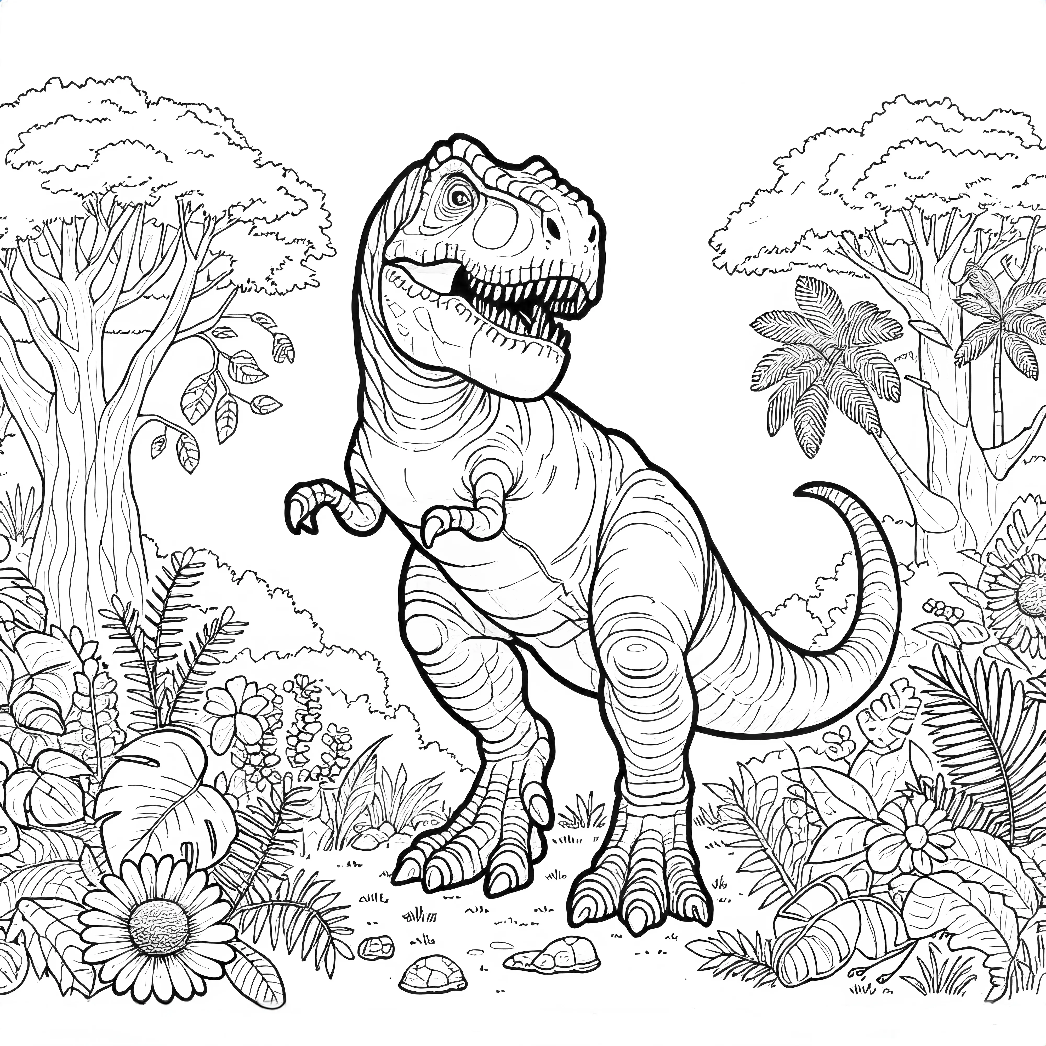 Coloring picture of a Tyrannosaurus Rex in the jungle