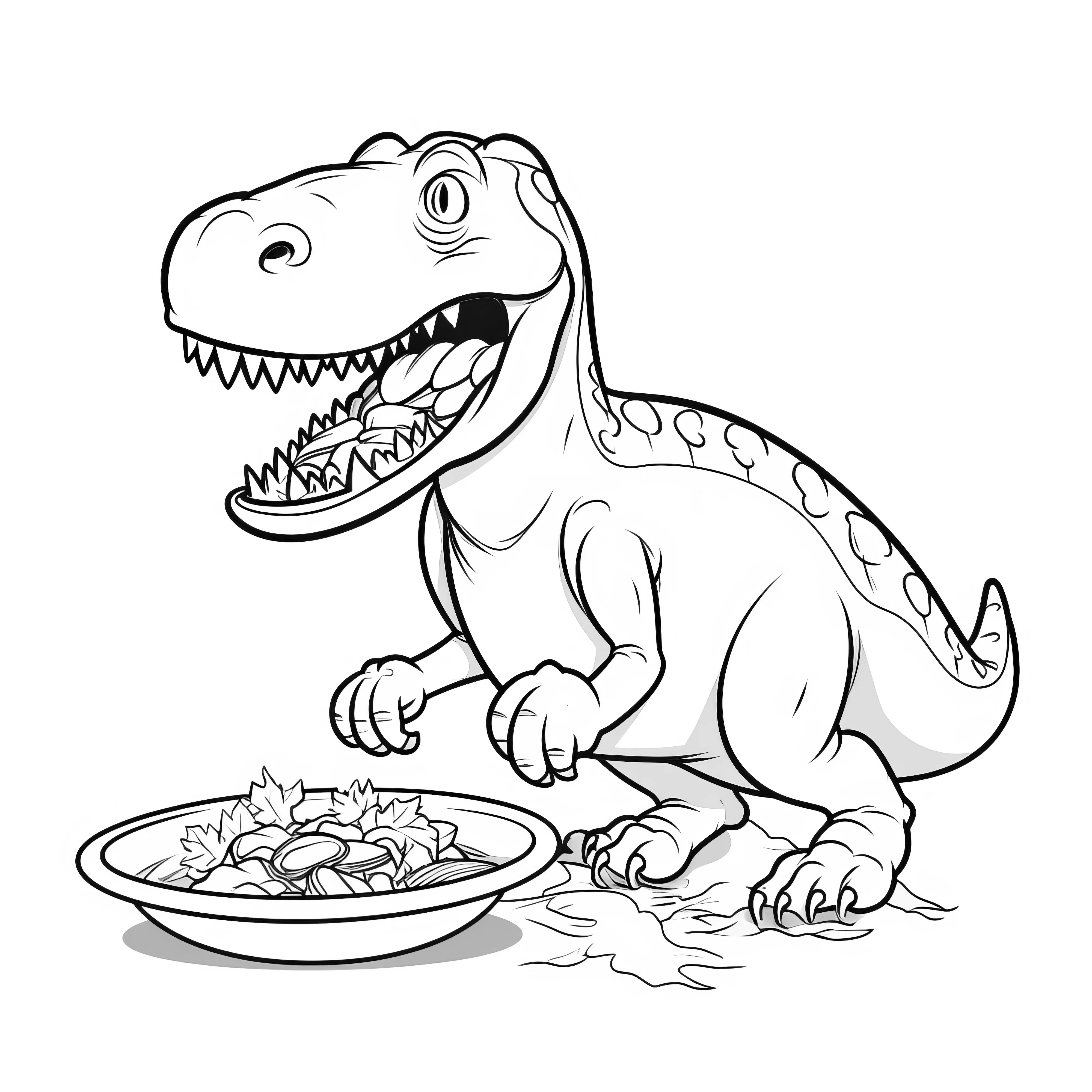 Coloring picture of a Tyrannosaurus rex with feeding bowl