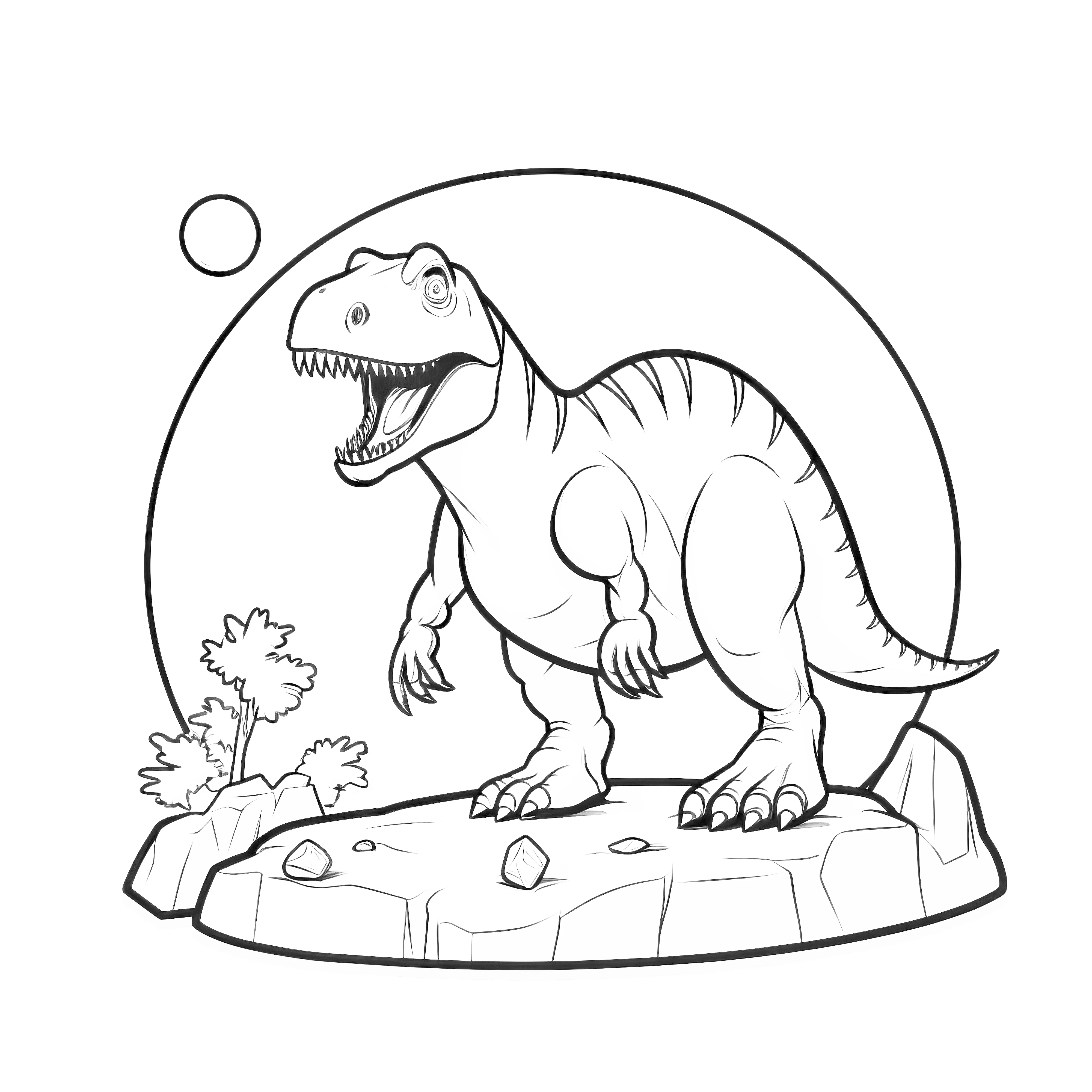 Coloring picture of a Tyrannosaurus rex standing on a rock, suitable for printing