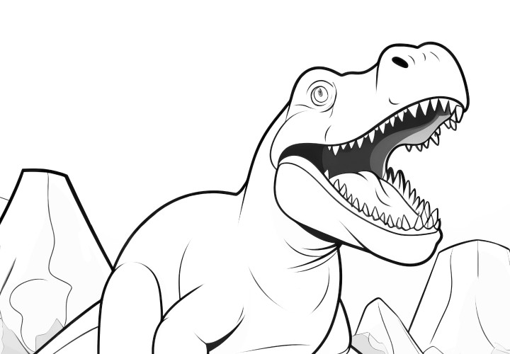 For coloring: T-rex in front of prehistoric landscape