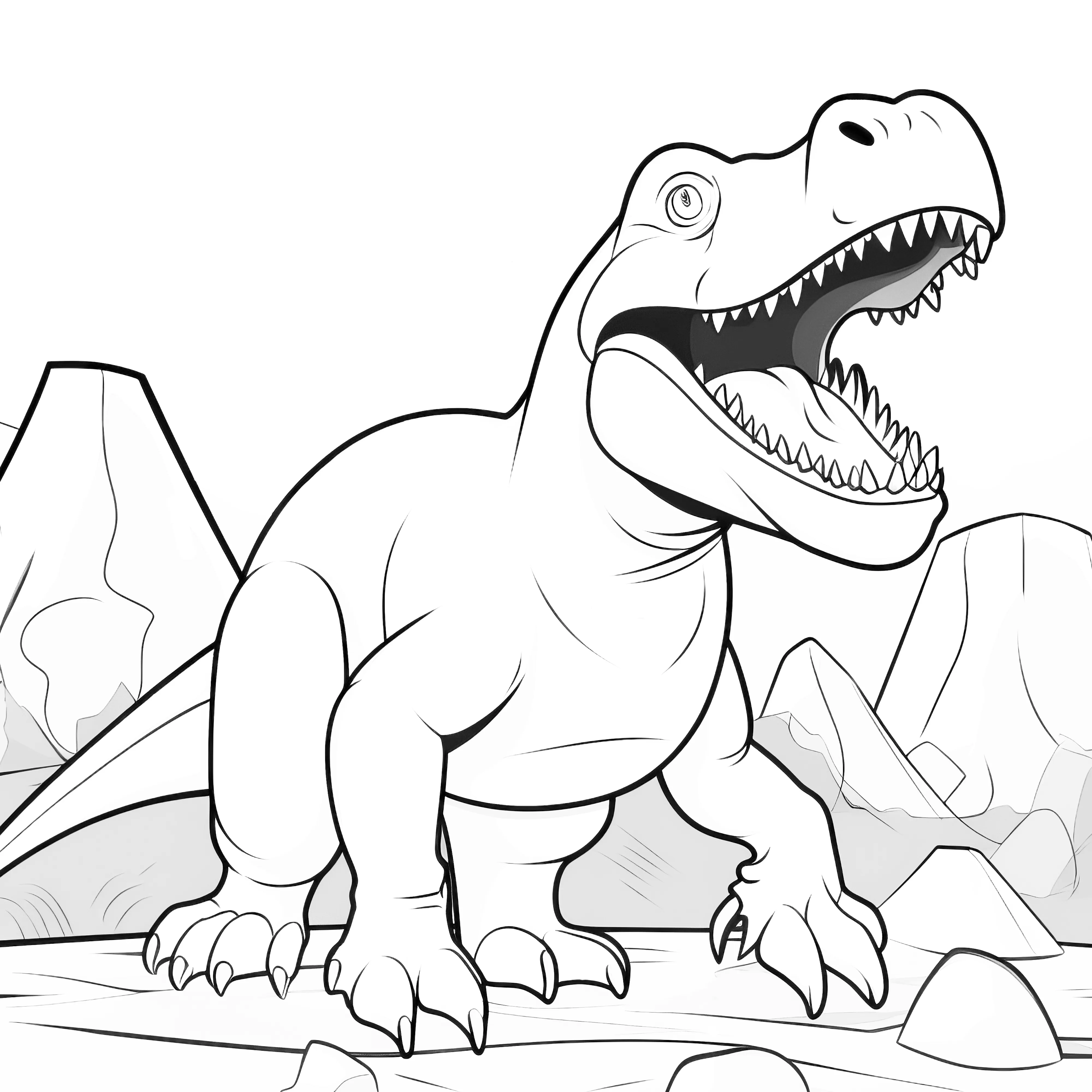 Coloring picture of a Tyrannosaurus rex in a prehistoric rocky landscape