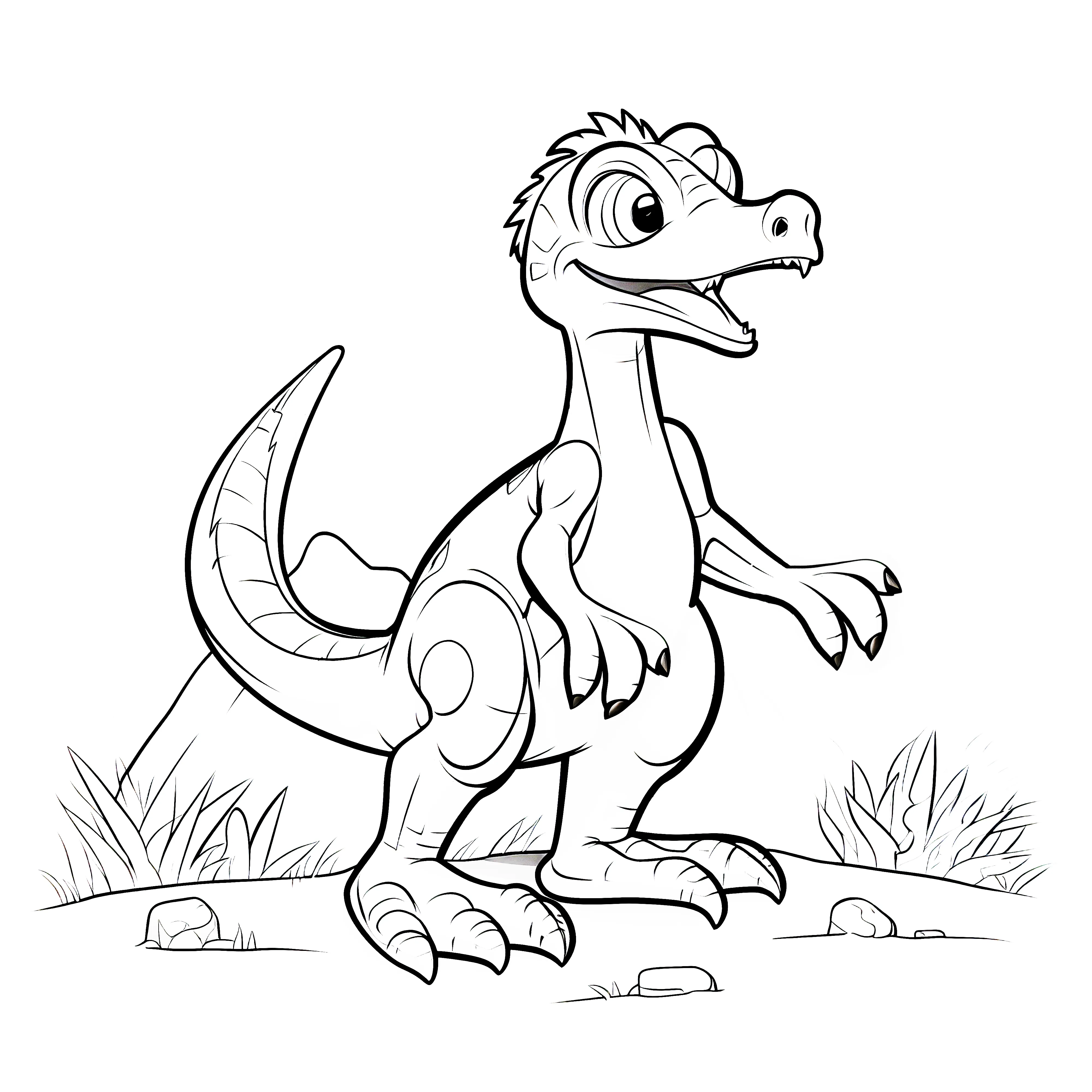 Coloring picture of a happy Velociraptor in the jungle