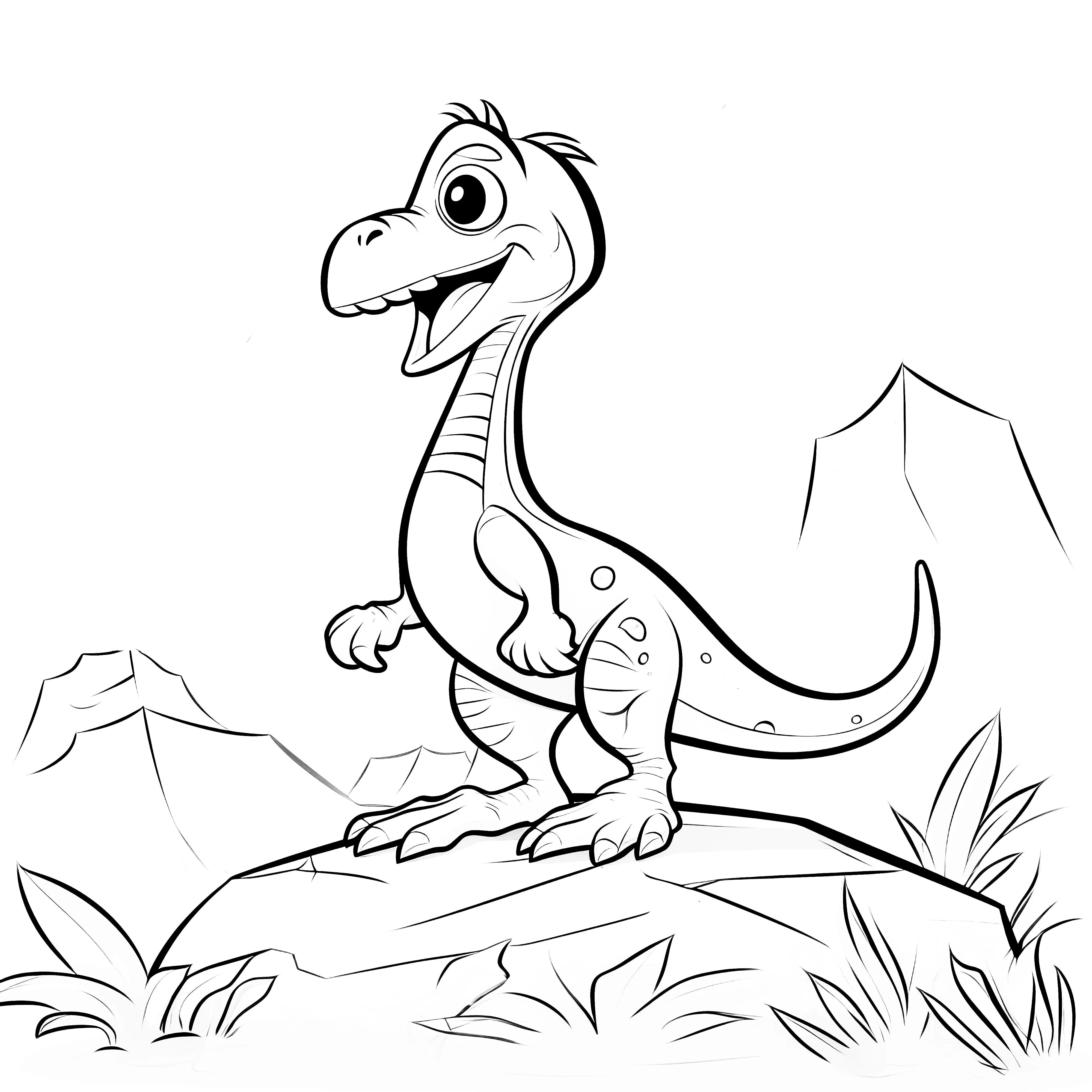 Coloring picture of a smiling Velociraptor on a rock, surrounded by nature