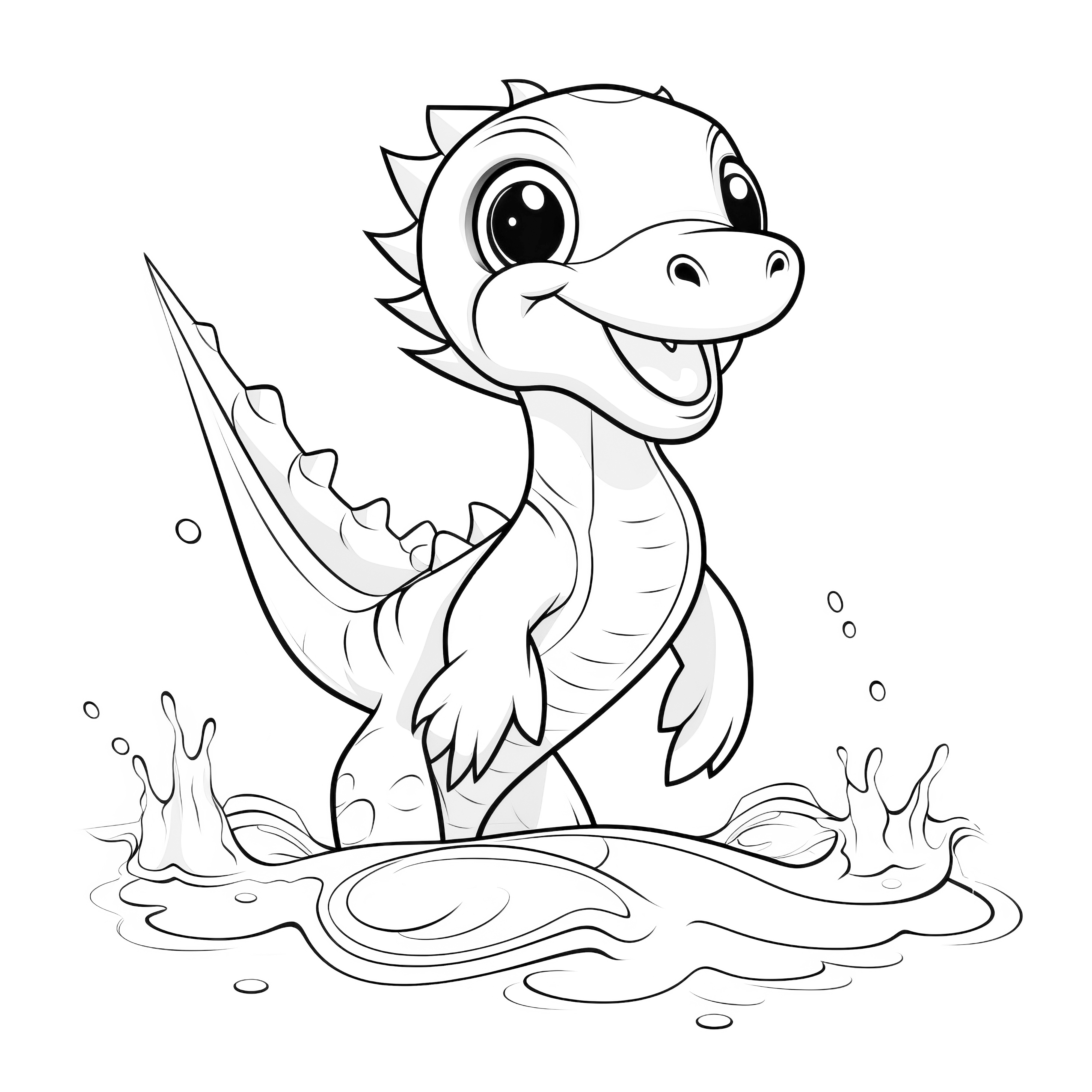 Vélociraptor joyeux dans l'eau, idéal à colorier.