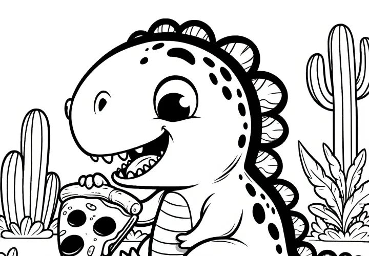 Dolce dinosauro mentre mangia la pizza - semplice disegno da colorare