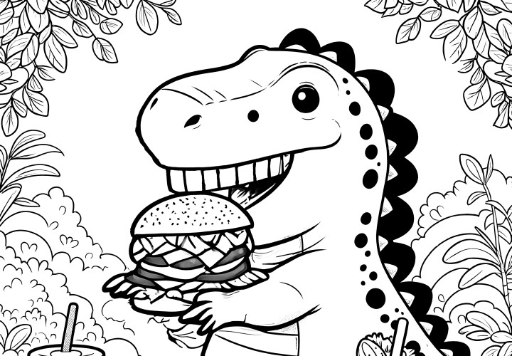 Dinosaurier mit Hamburger im Dschungel zum Ausmalen