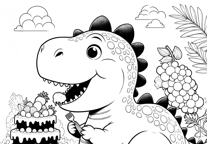 Dinosauri con torta e uva - Disegno da colorare