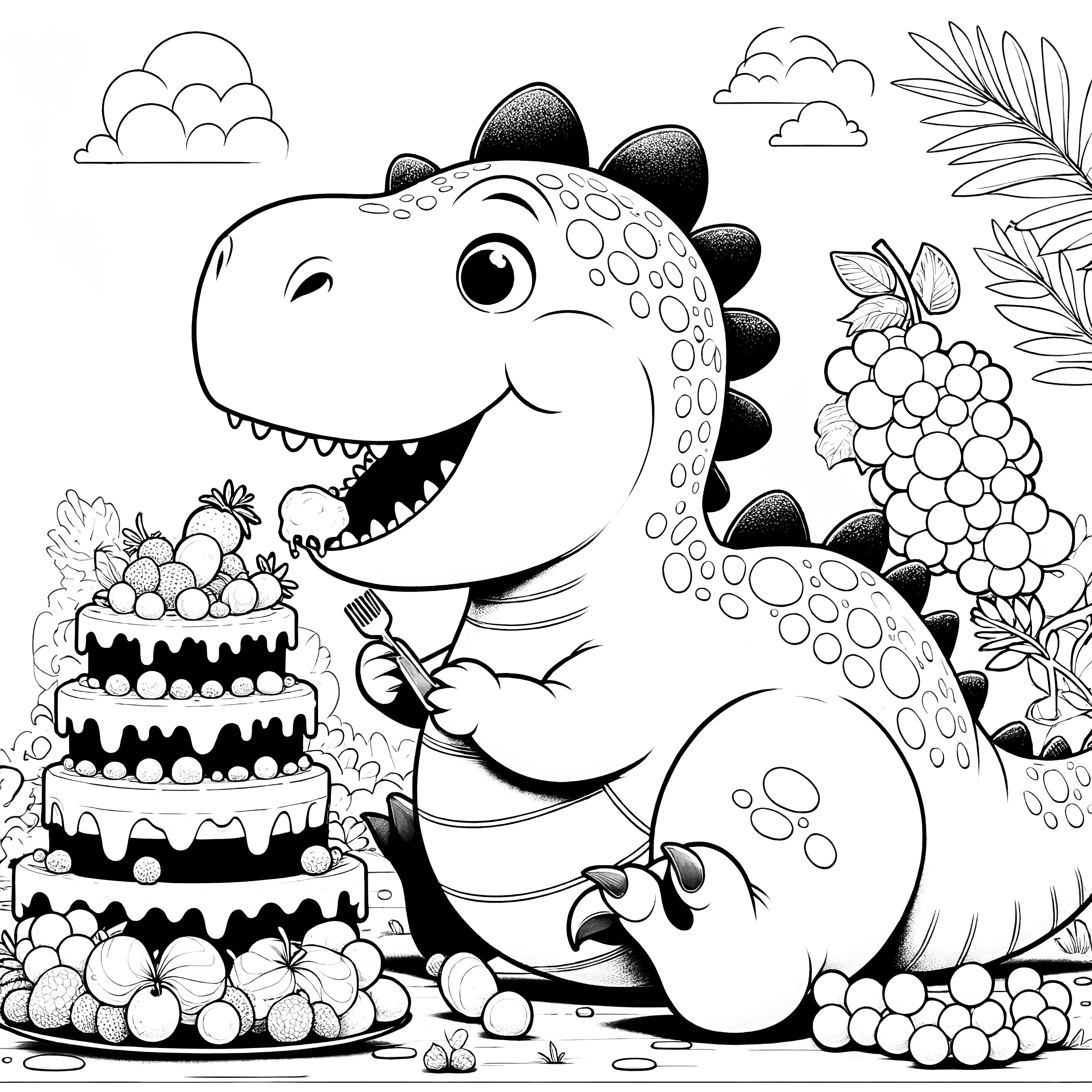 The picture shows a dinosaur eating a large cake decorated with fruits, surrounded by tropical plants and fruits in the background.