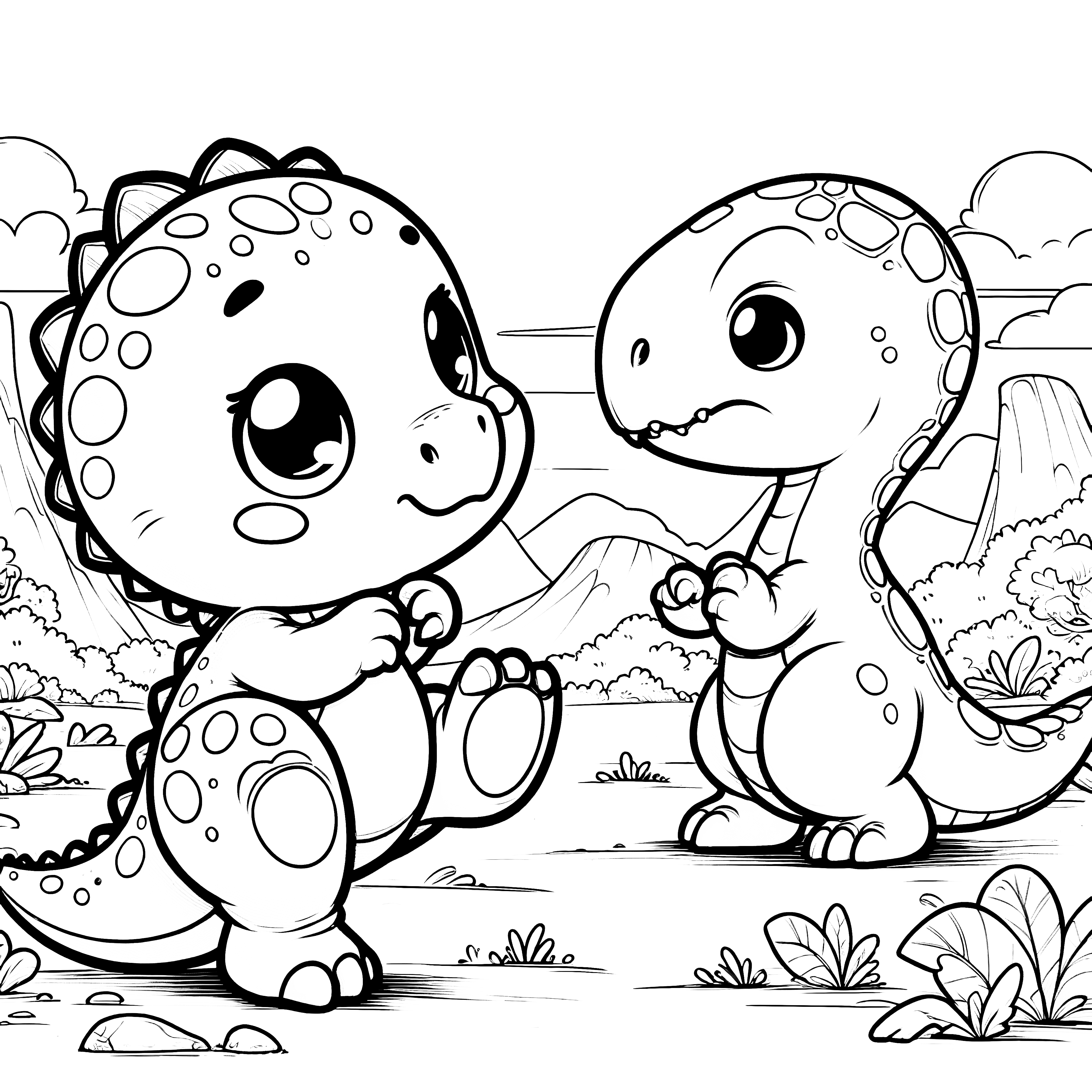 Dos dinosaurios adorables en un paisaje - dibujo para colorear