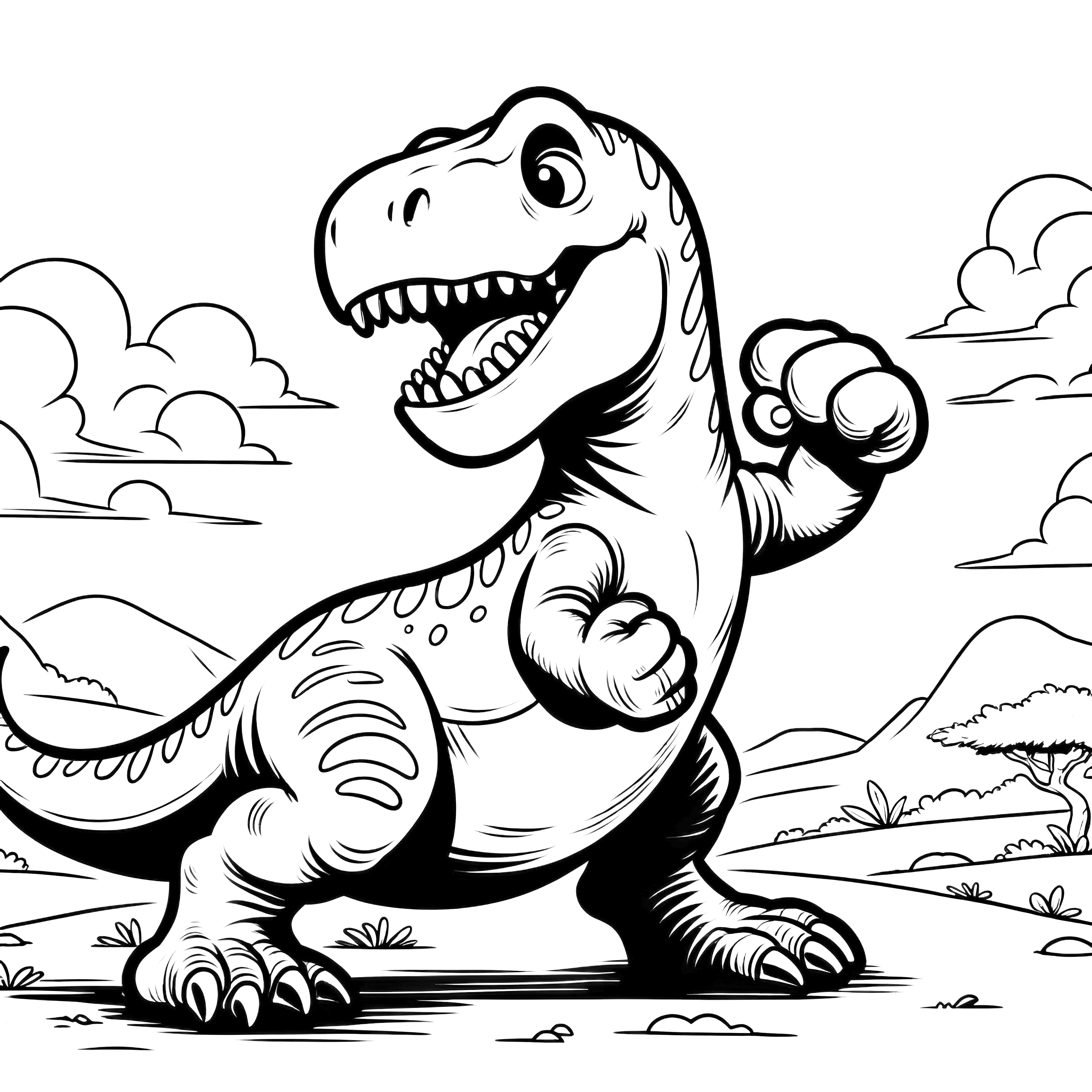 Imagen para colorear con dinosaurios luchando en un paisaje prehistórico.