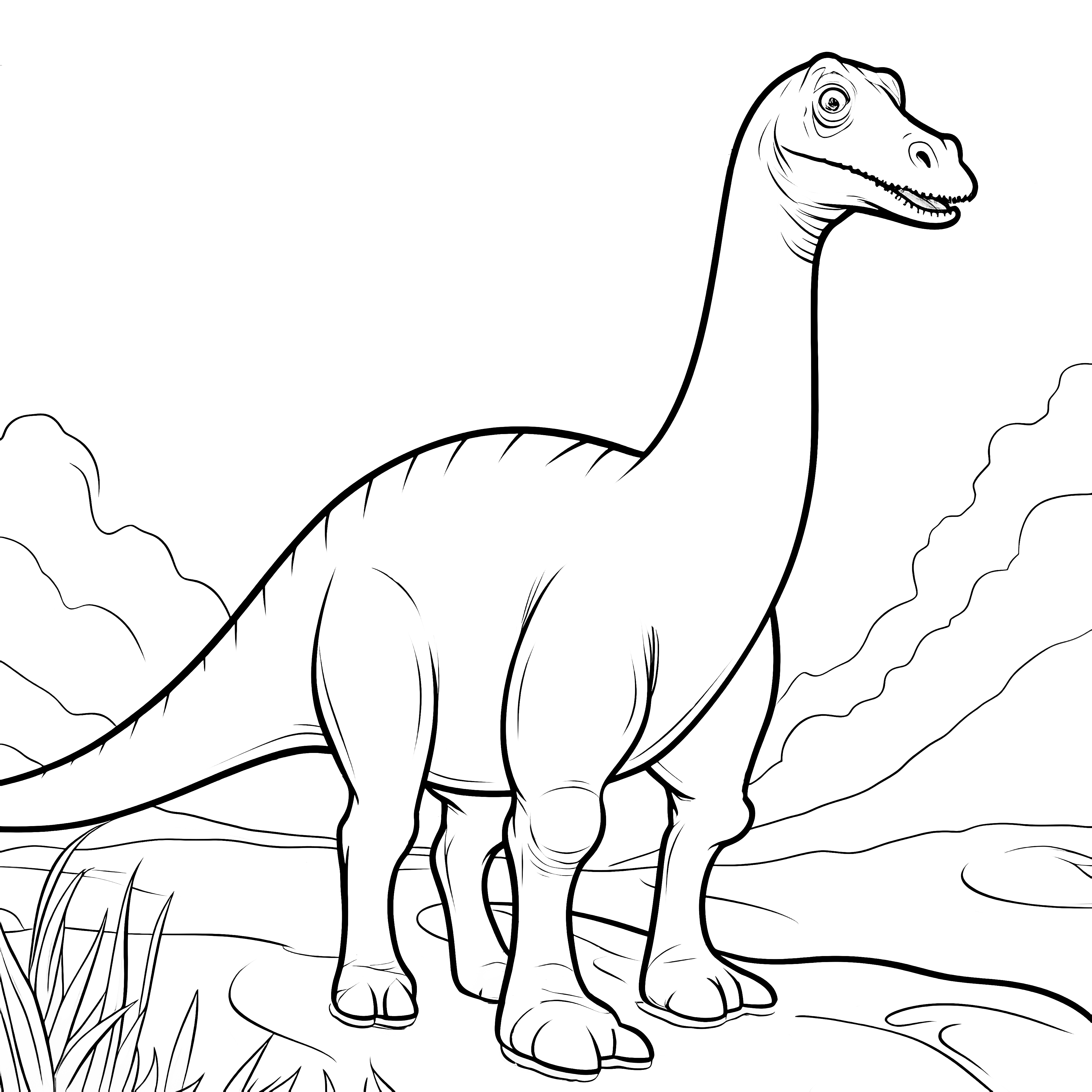 Dinosaurio camina por el paisaje, dibujo para colorear