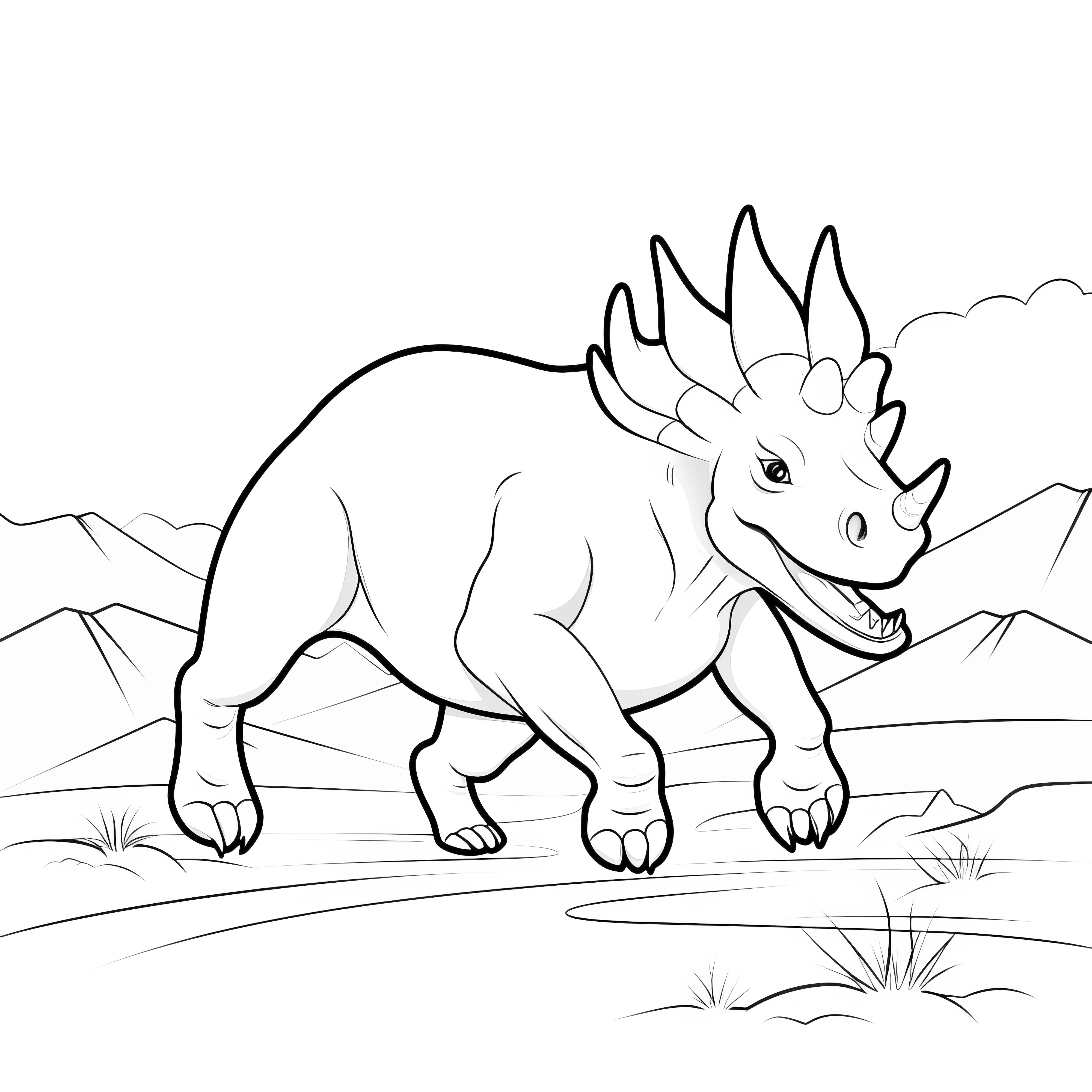 Imagen para colorear de un dinosaurio corriendo en un paisaje prehistórico