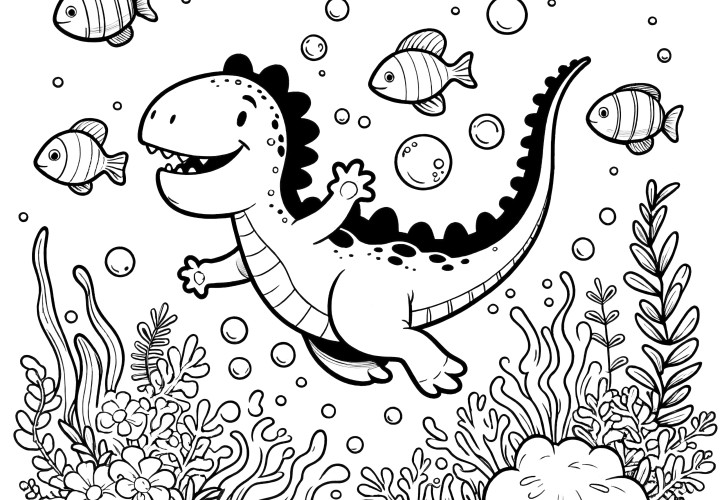 Gambar mewarnai: Dinosaurus di air dengan ikan-ikan berwarna