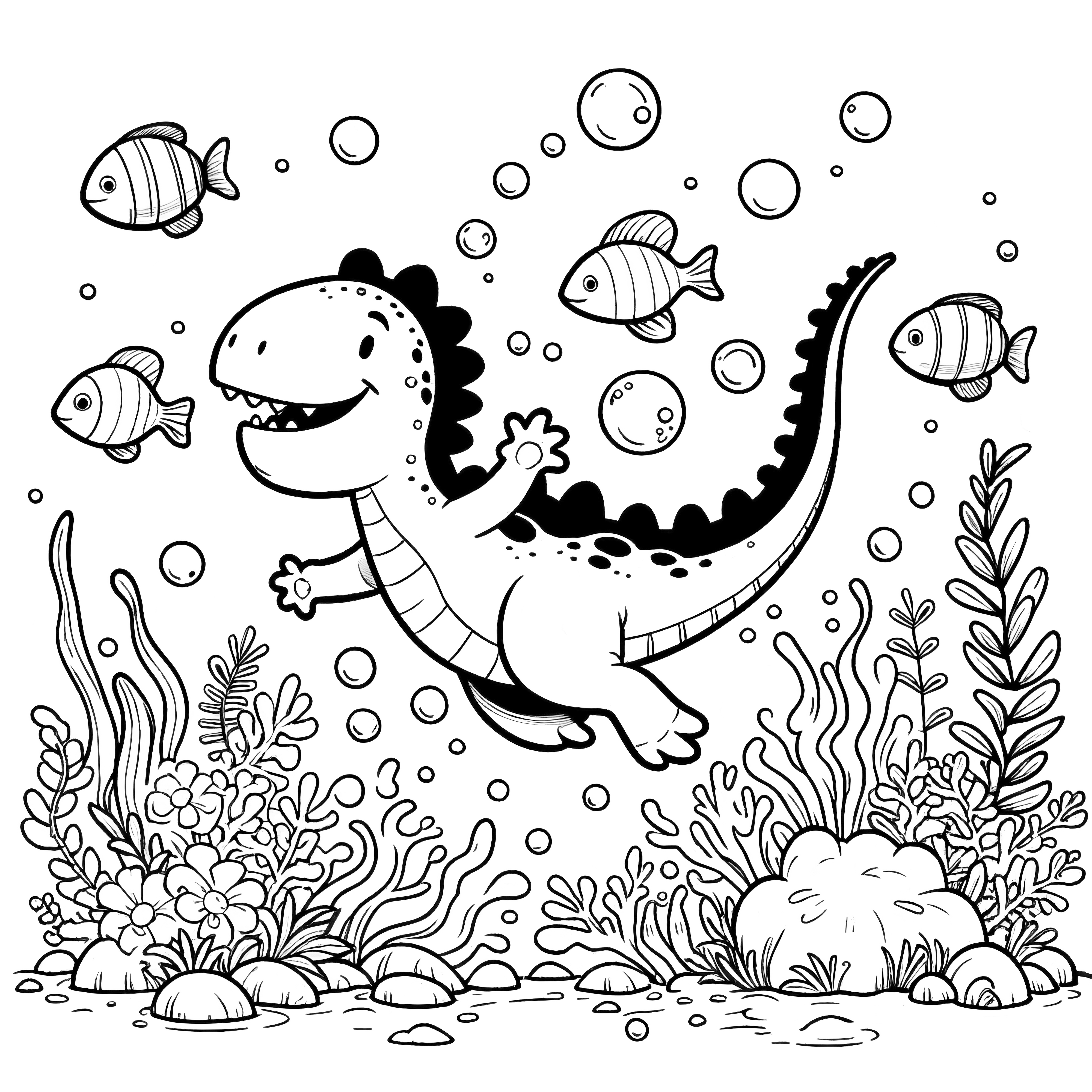 Un dinosaurio nada en el agua con peces, rodeado de plantas y burbujas.