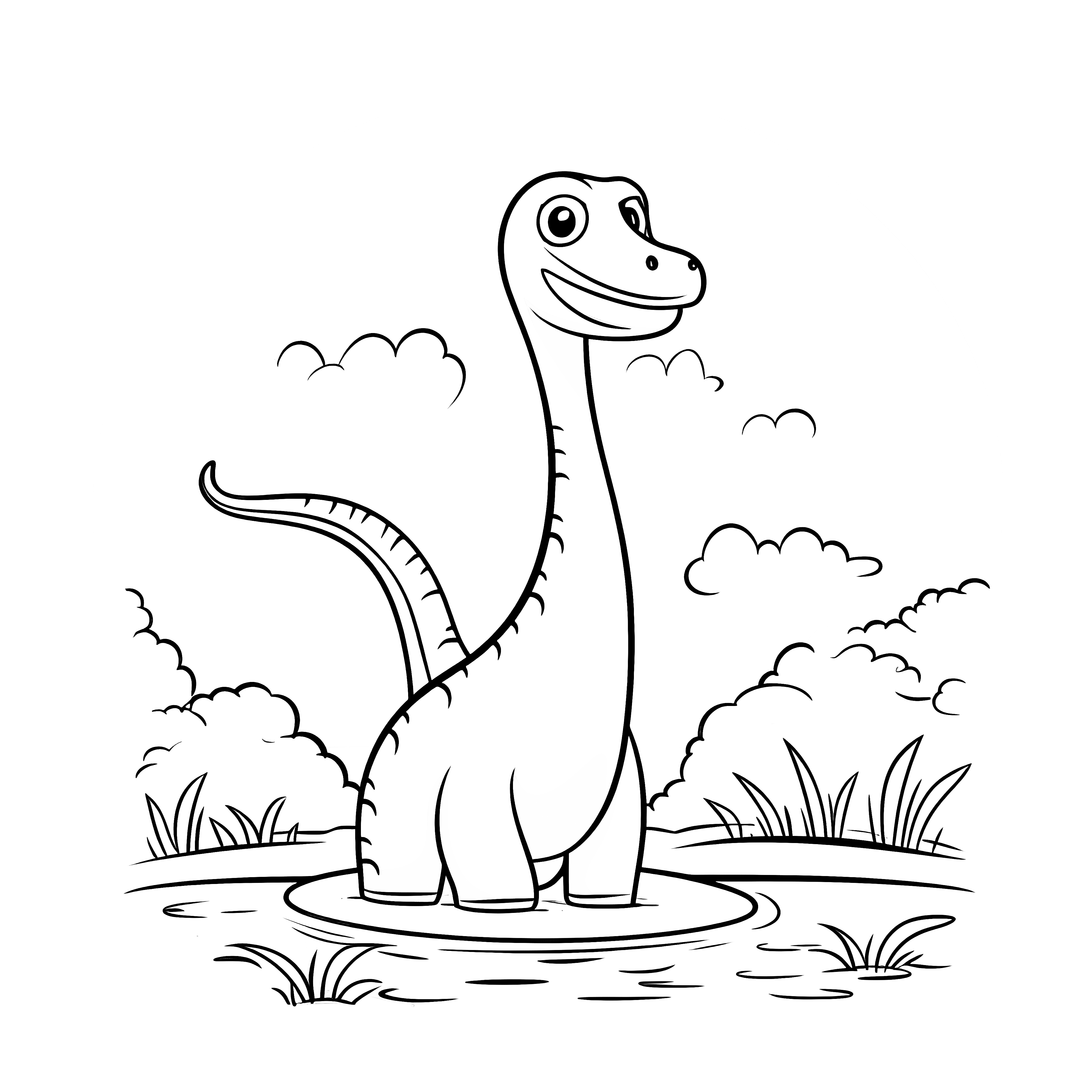 Dinosaurio en el agua, rodeado de plantas y nubes, ideal para colorear