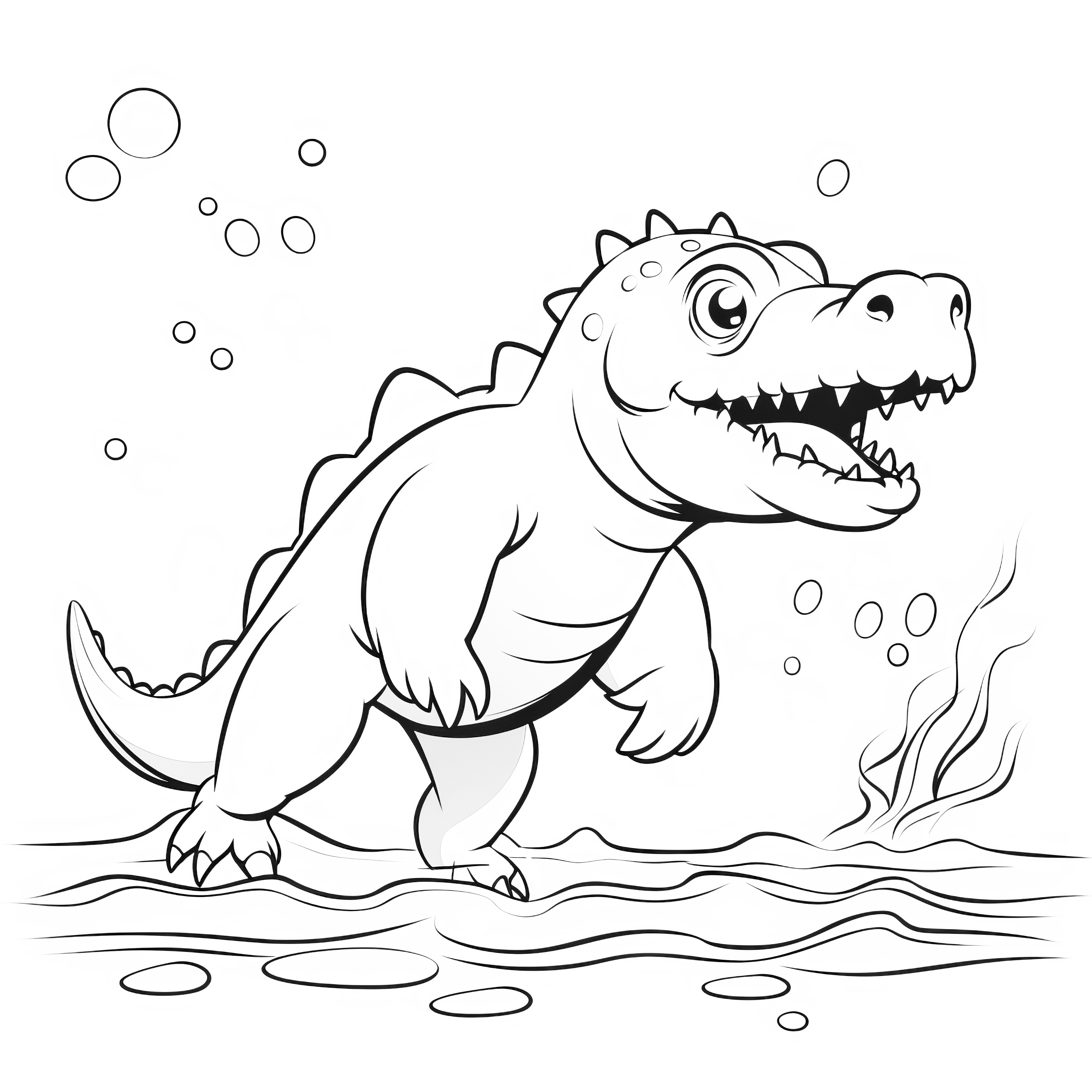 Dinosaurio alegre en el agua con burbujas, ideal para colorear