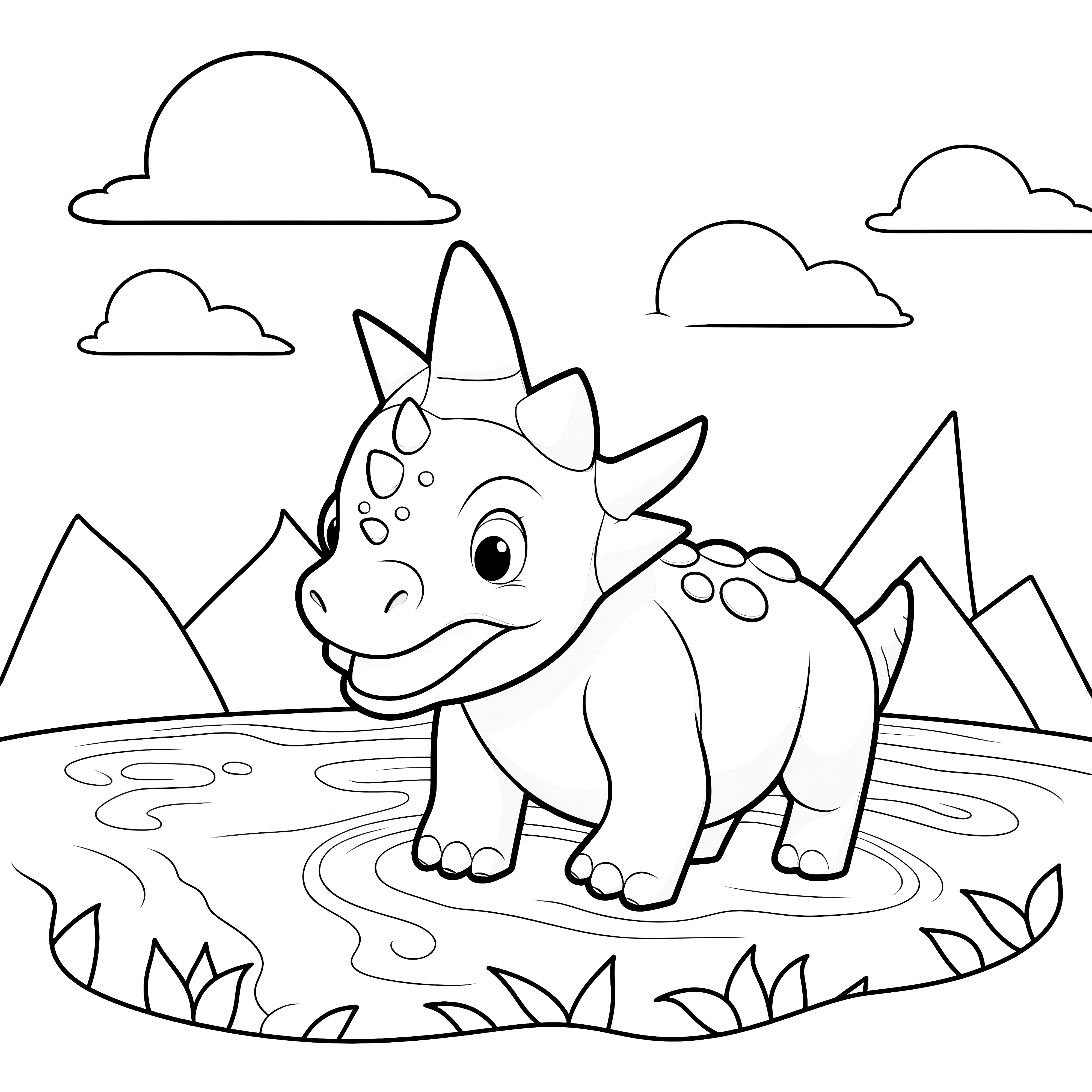 Imagen para colorear de un dinosaurio en el agua, rodeado de montañas y nubes.