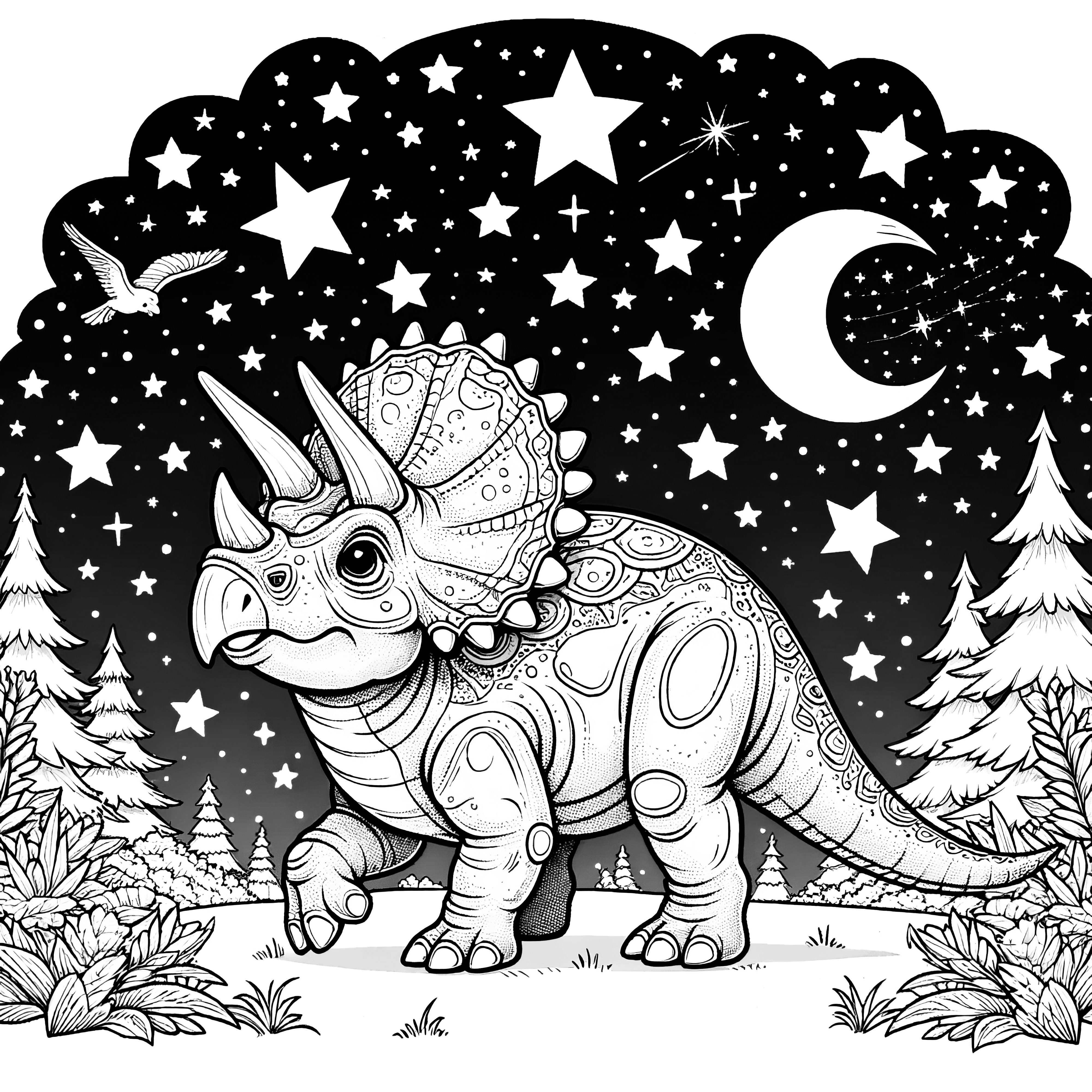 Imagen para colorear de un Triceratops en el bosque nocturno con estrellas y árboles